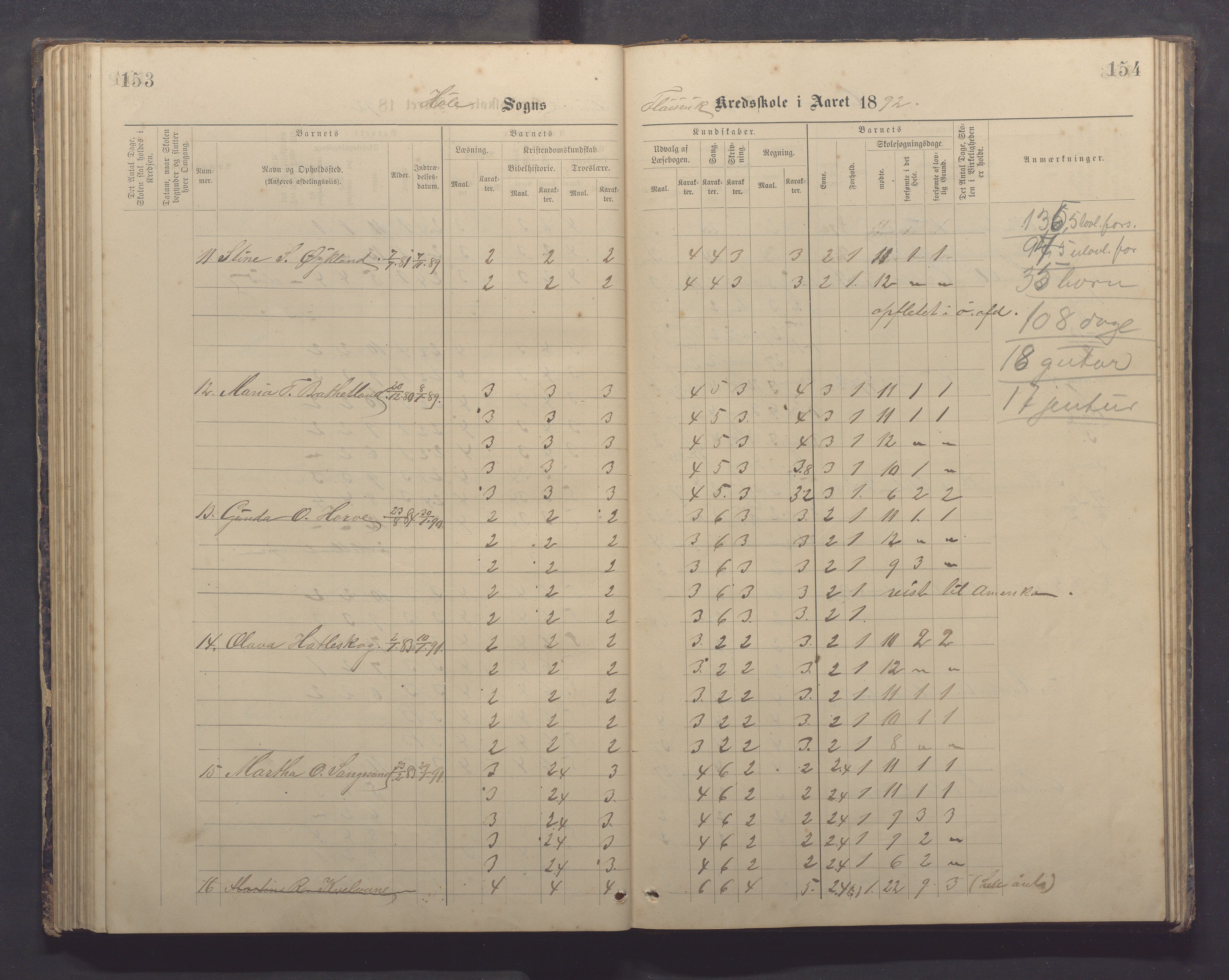 Høle kommune - Tengesdal skole, IKAR/K-100033/F/L0001: Skoleprotokoll, 1884-1893, p. 153-154