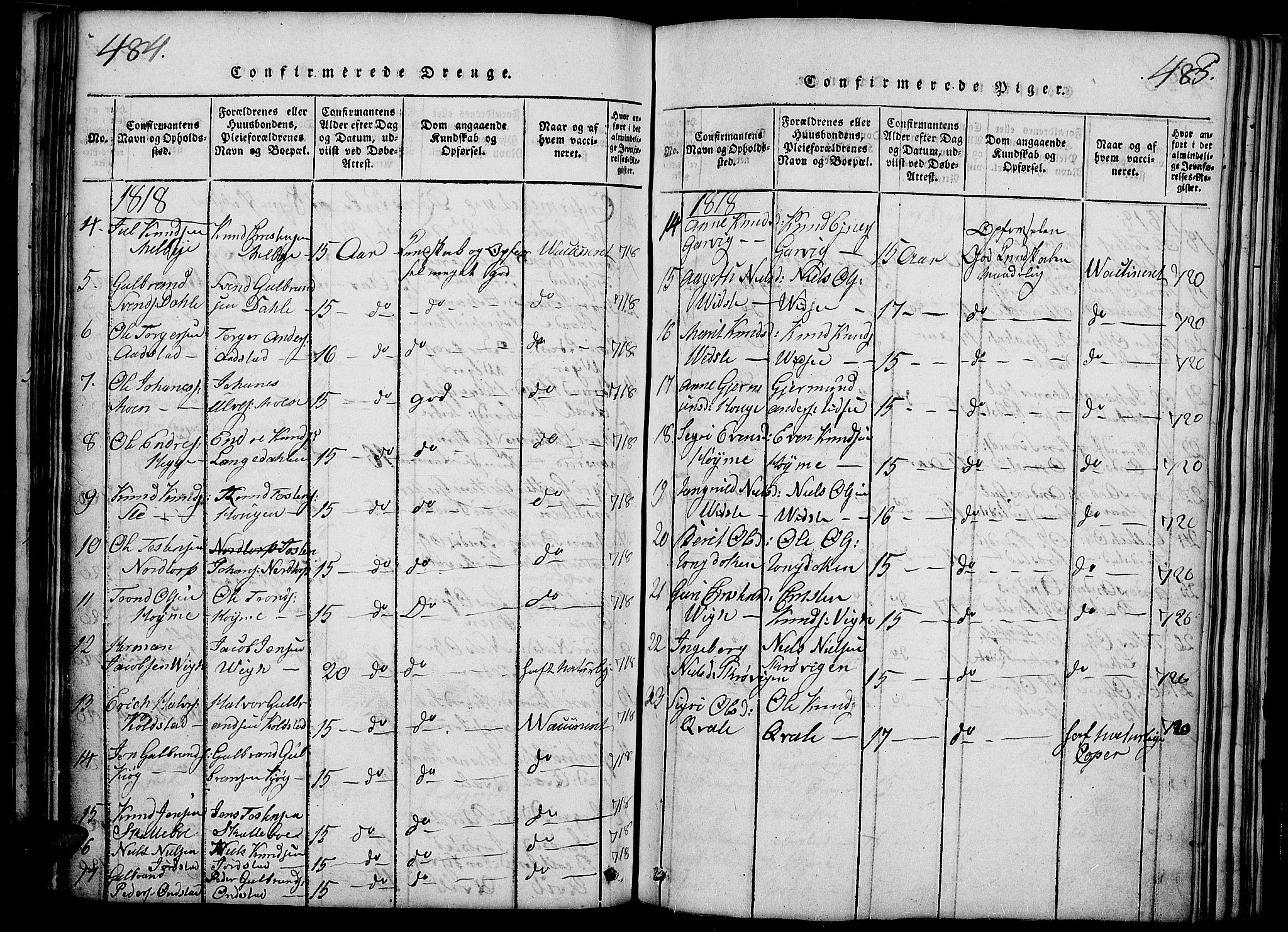 Slidre prestekontor, SAH/PREST-134/H/Ha/Haa/L0002: Parish register (official) no. 2, 1814-1830, p. 484-485