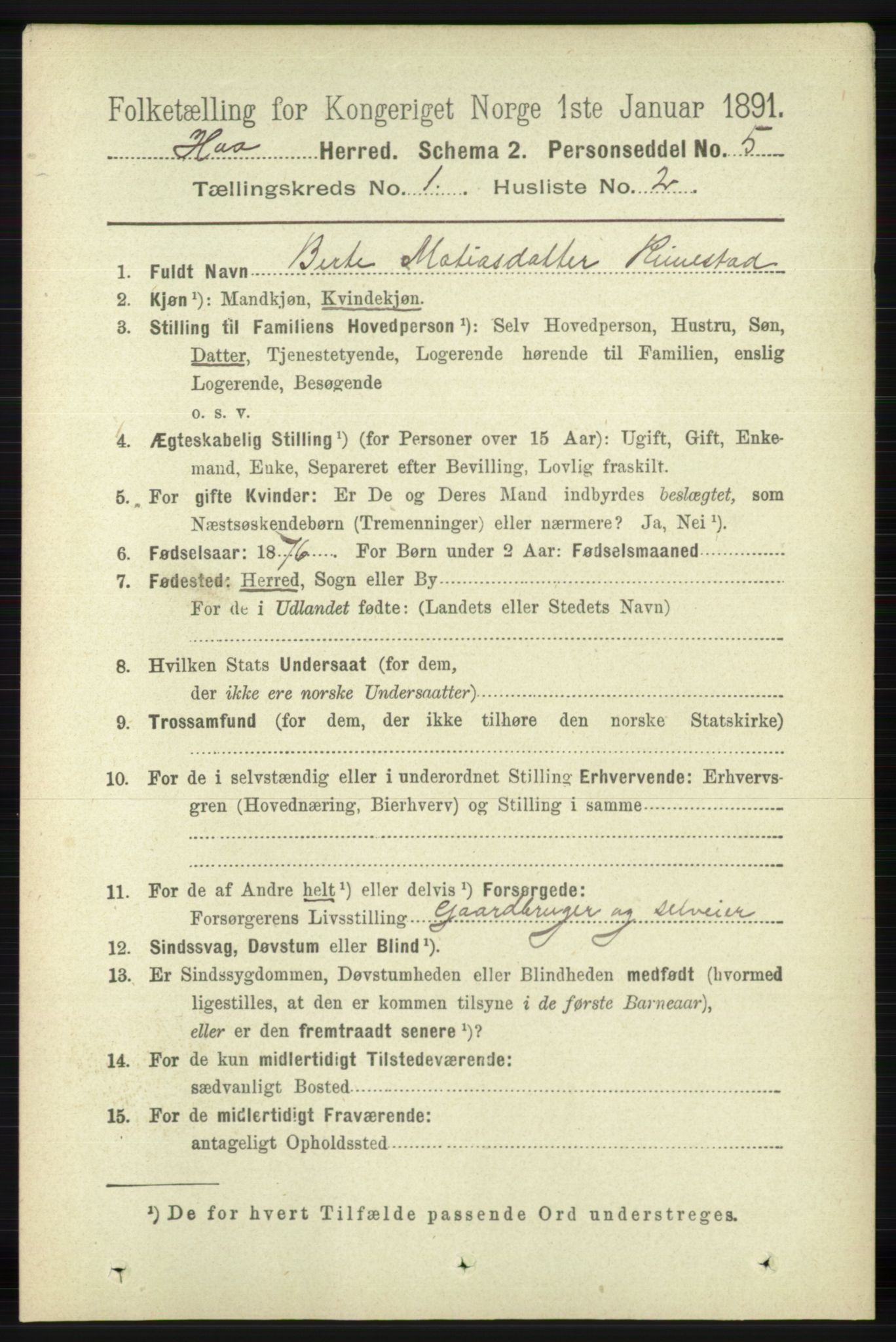 RA, 1891 census for 1119 Hå, 1891, p. 95