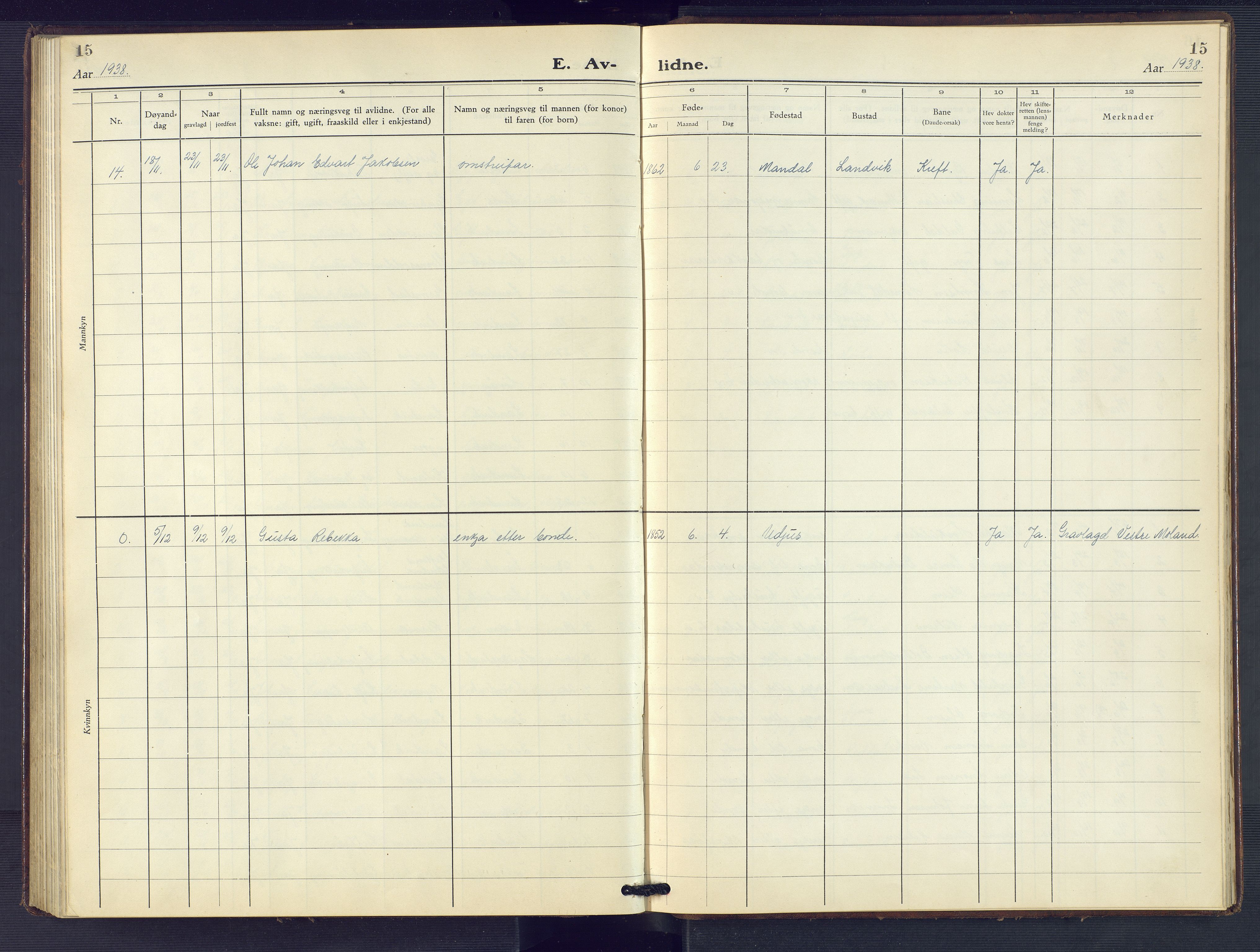 Hommedal sokneprestkontor, AV/SAK-1111-0023/F/Fb/Fbb/L0009: Parish register (copy) no. B 9, 1929-1953, p. 15