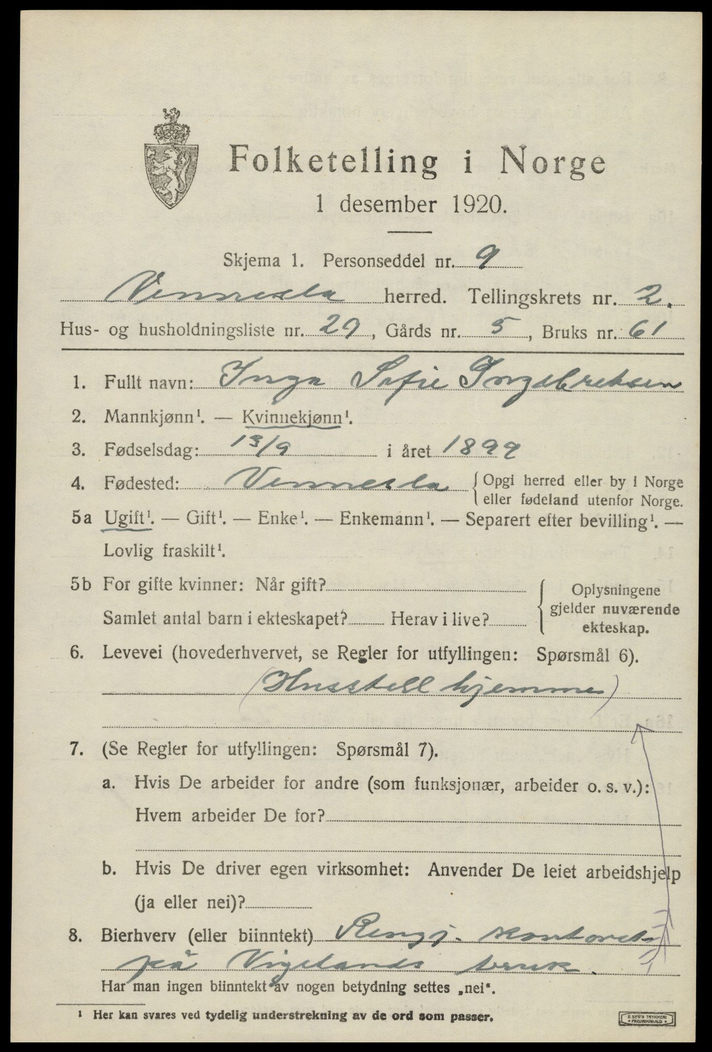 SAK, 1920 census for Vennesla, 1920, p. 1834