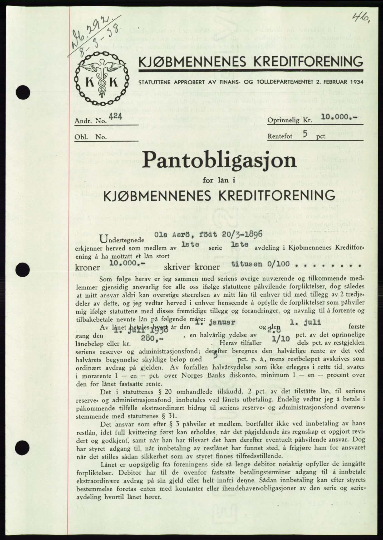 Søre Sunnmøre sorenskriveri, AV/SAT-A-4122/1/2/2C/L0065: Mortgage book no. 59, 1938-1938, Diary no: : 292/1938