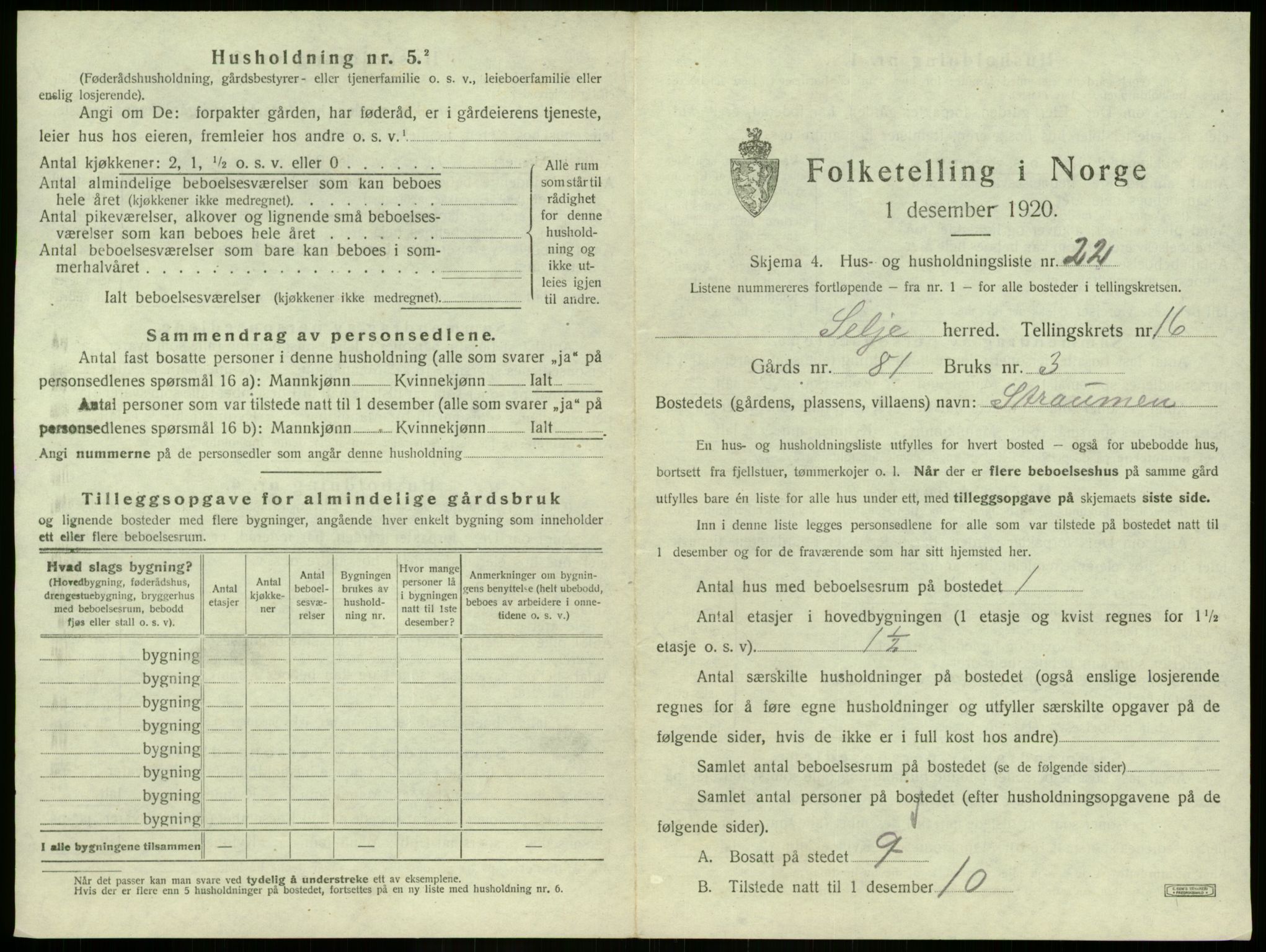 SAB, 1920 census for Selje, 1920, p. 1022