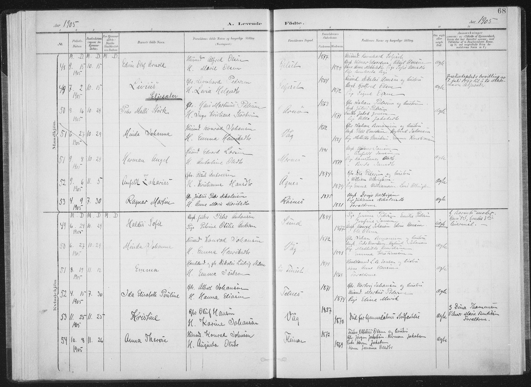 Ministerialprotokoller, klokkerbøker og fødselsregistre - Nordland, AV/SAT-A-1459/805/L0102: Parish register (official) no. 805A08I, 1900-1909, p. 68