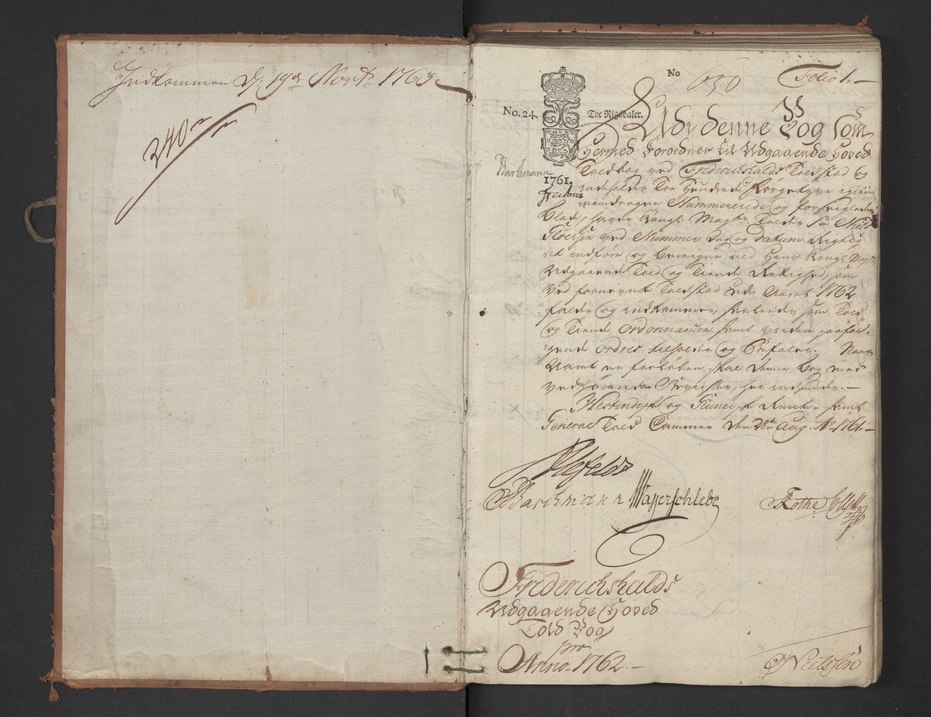 Generaltollkammeret, tollregnskaper, AV/RA-EA-5490/R01/L0047/0001: Tollregnskaper Fredrikshald / Utgående hovedtollbok, 1762, p. 1a