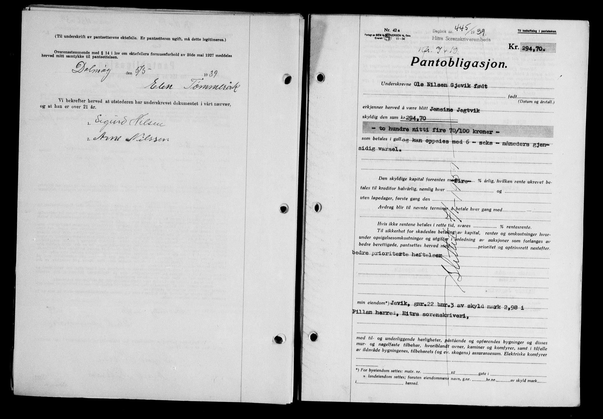 Hitra sorenskriveri, AV/SAT-A-0018/2/2C/2Ca/L0028: Mortgage book no. B-1, 1936-1939, Diary no: : 445/1939