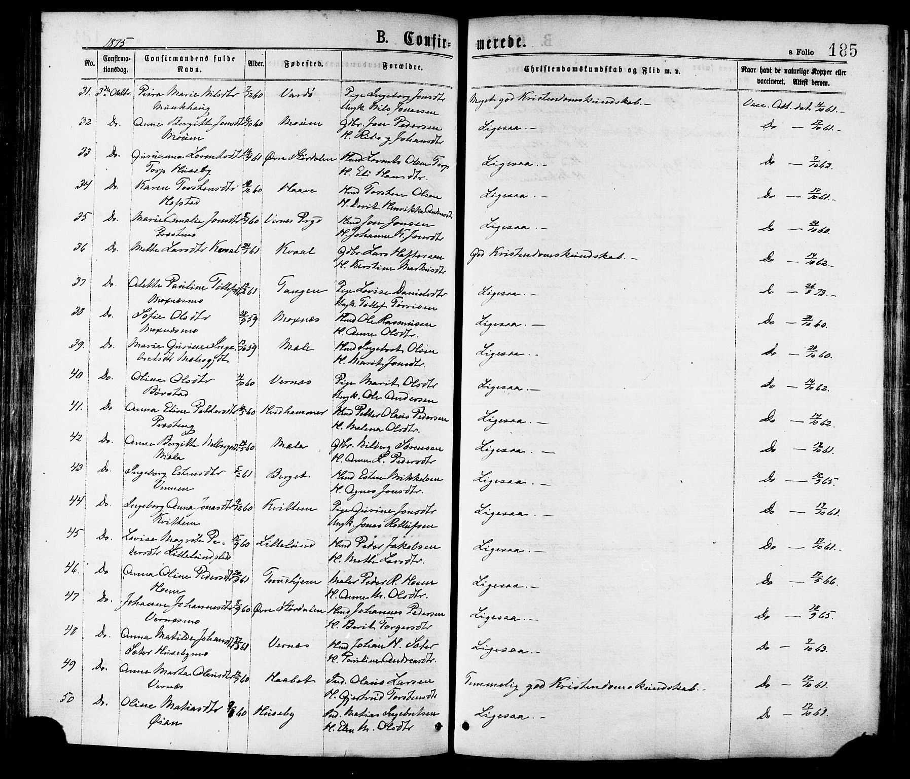 Ministerialprotokoller, klokkerbøker og fødselsregistre - Nord-Trøndelag, AV/SAT-A-1458/709/L0076: Parish register (official) no. 709A16, 1871-1879, p. 185