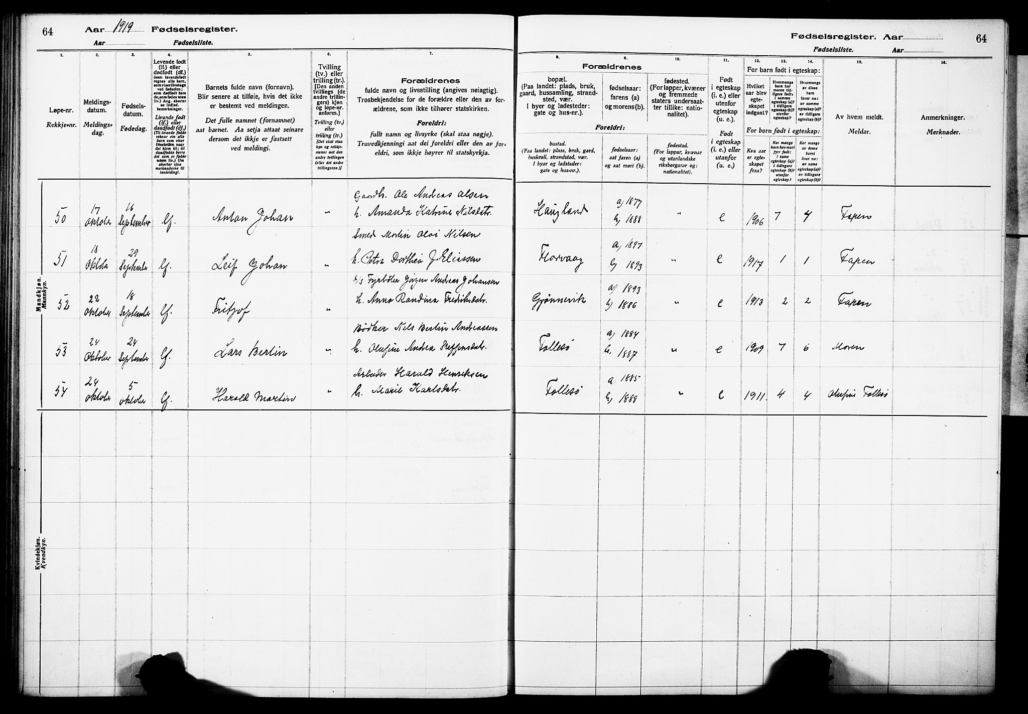 Askøy Sokneprestembete, AV/SAB-A-74101/I/Id/L00A1: Birth register no. A 1, 1916-1928, p. 64