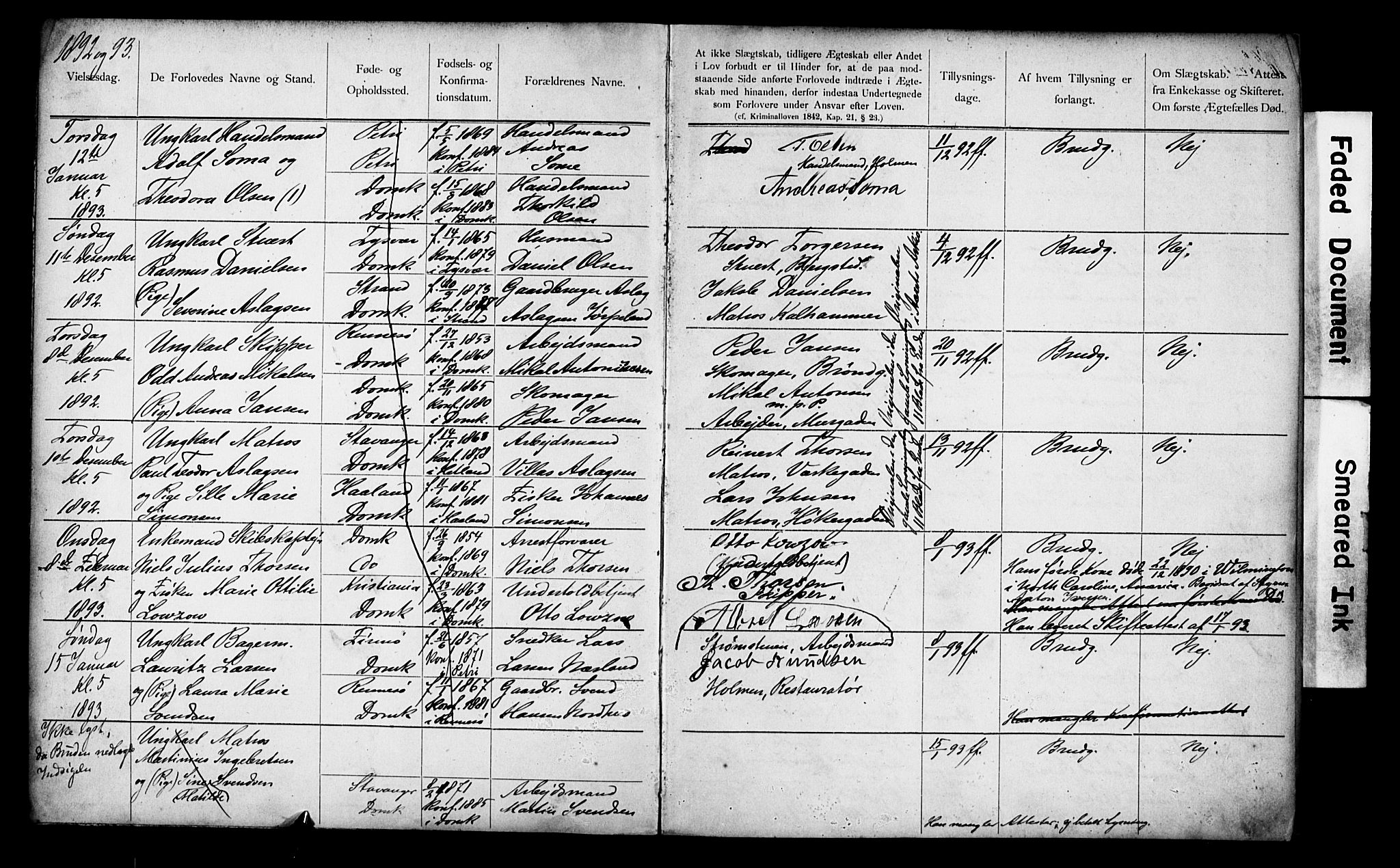 Domkirken sokneprestkontor, SAST/A-101812/001/70/705BA/L0004: Banns register no. 4, 1892-1904