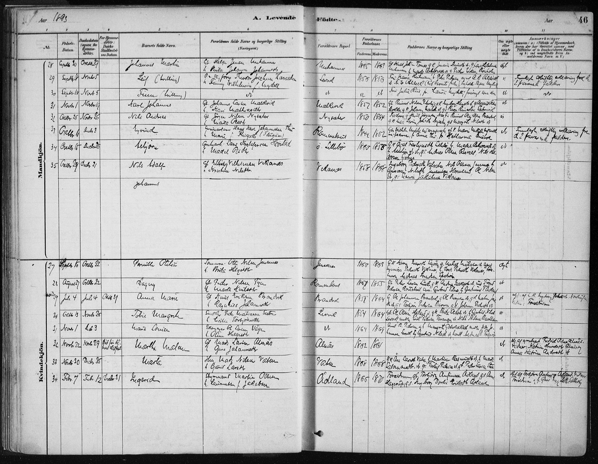 Stord sokneprestembete, SAB/A-78201/H/Haa: Parish register (official) no. B 2, 1878-1913, p. 46