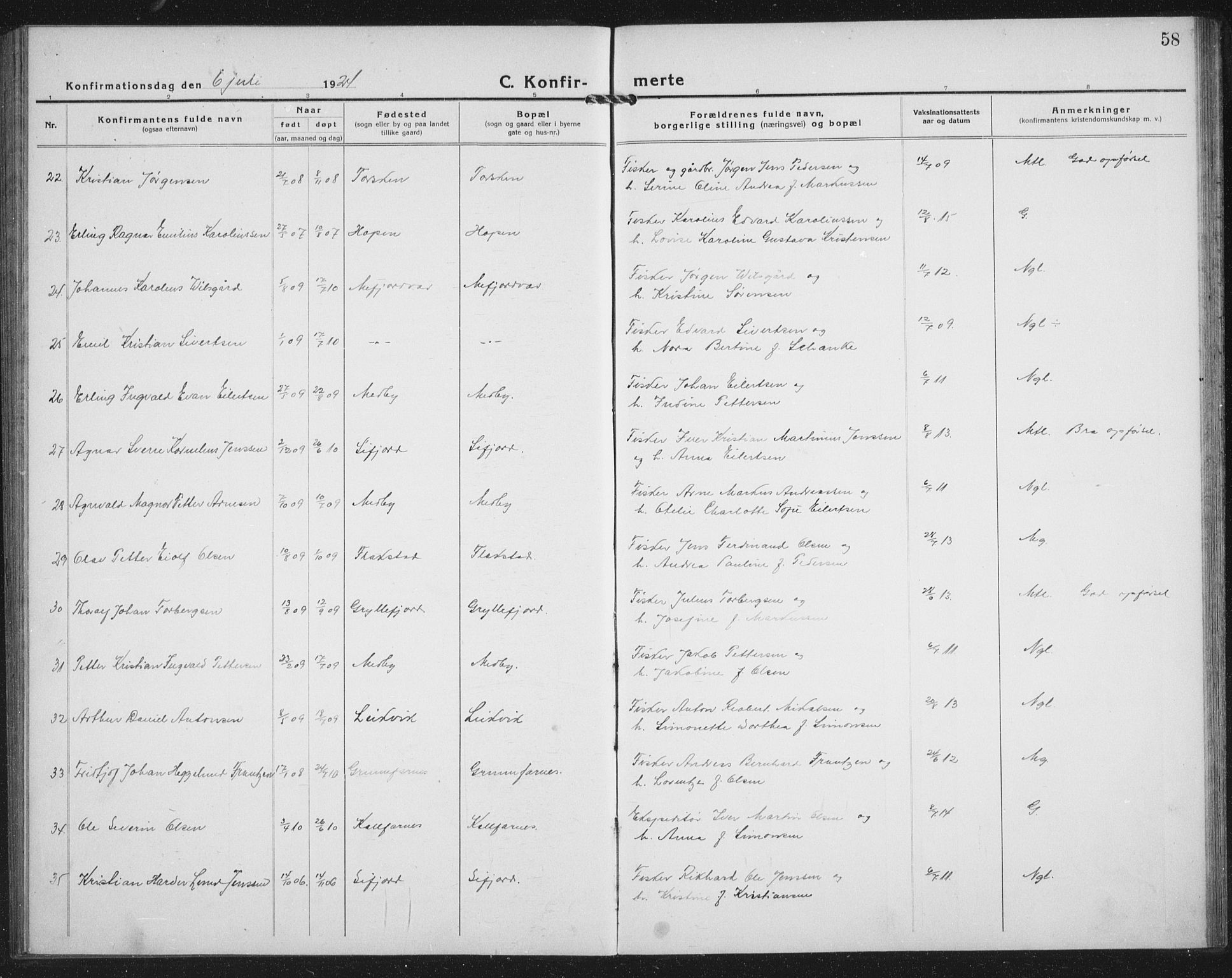 Berg sokneprestkontor, AV/SATØ-S-1318/G/Ga/Gab/L0014klokker: Parish register (copy) no. 14, 1922-1933, p. 58