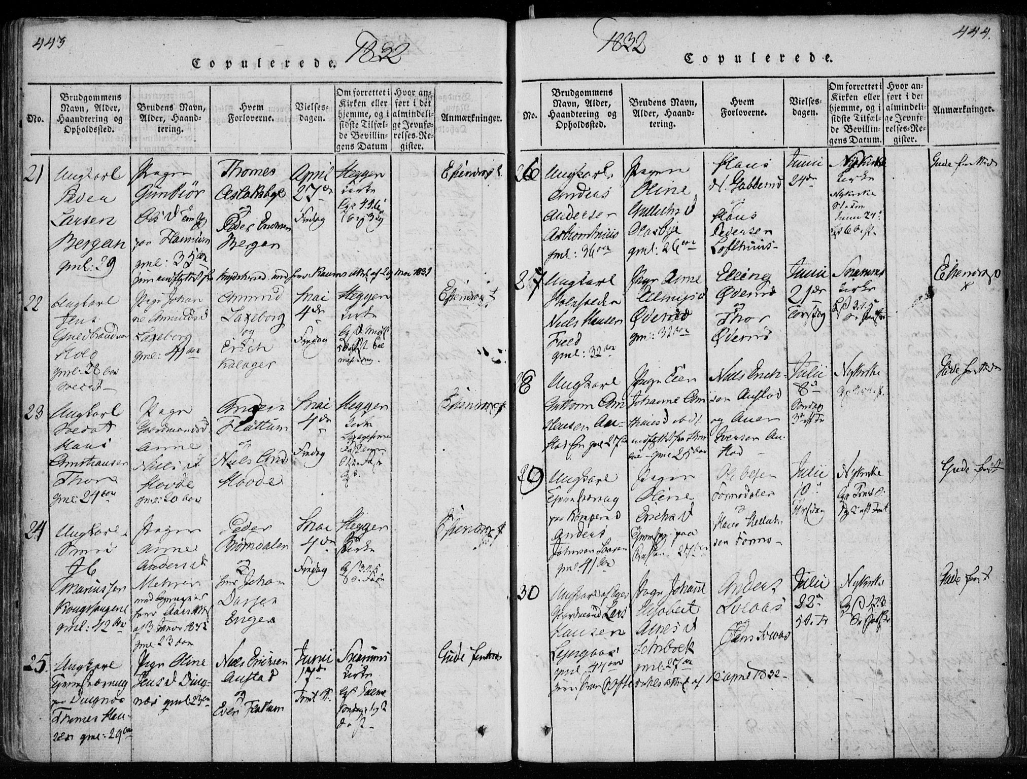 Modum kirkebøker, AV/SAKO-A-234/F/Fa/L0005: Parish register (official) no. 5, 1824-1841, p. 443-444