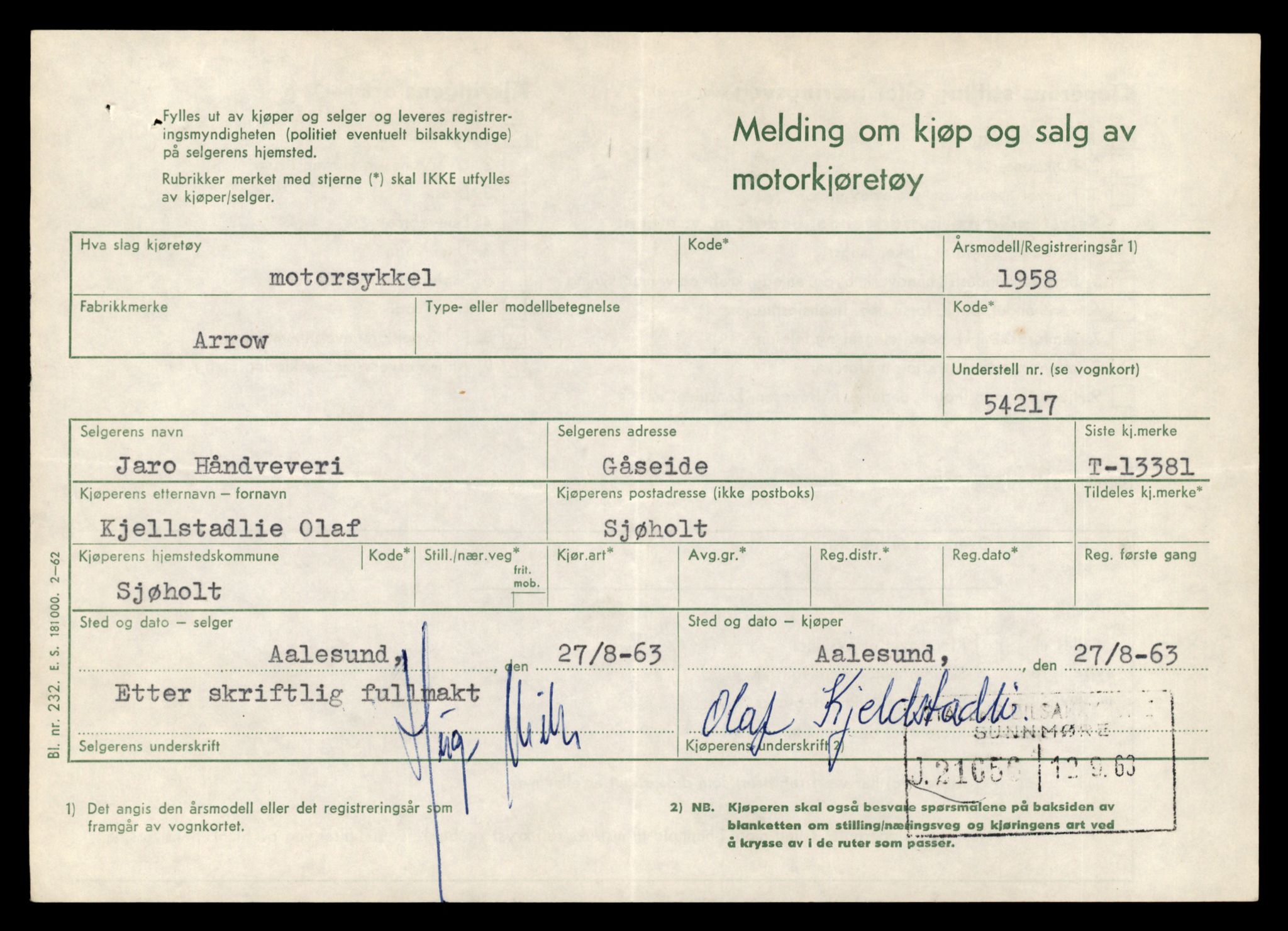 Møre og Romsdal vegkontor - Ålesund trafikkstasjon, AV/SAT-A-4099/F/Fe/L0039: Registreringskort for kjøretøy T 13361 - T 13530, 1927-1998, p. 309