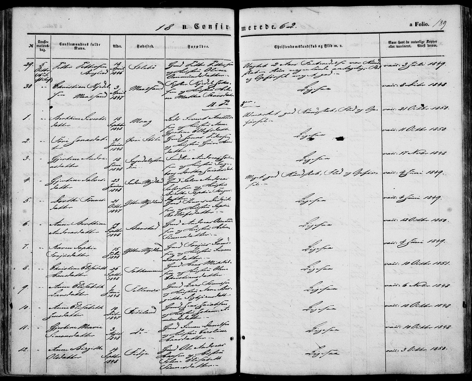 Sokndal sokneprestkontor, AV/SAST-A-101808: Parish register (official) no. A 9, 1857-1874, p. 189