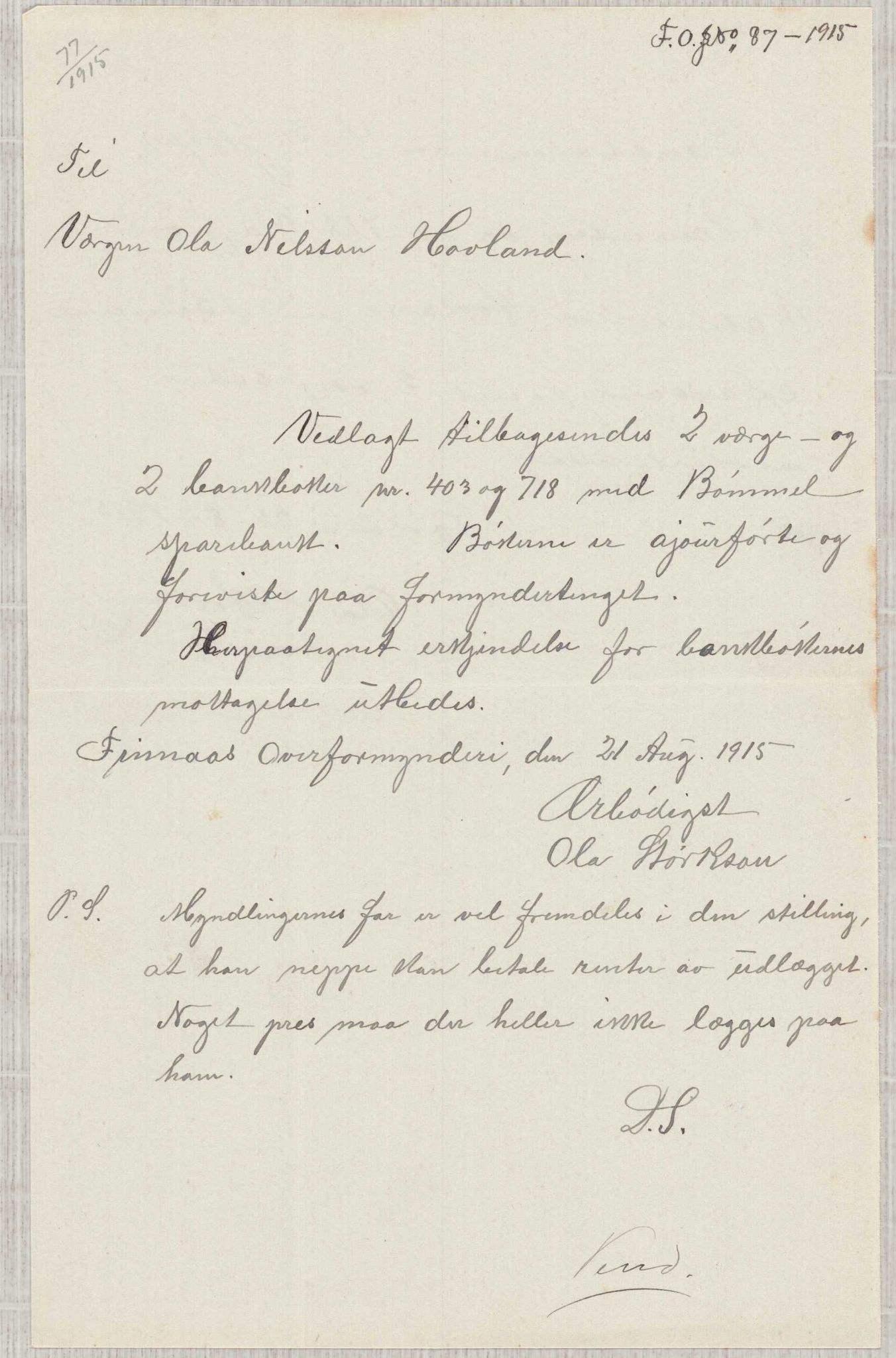 Finnaas kommune. Overformynderiet, IKAH/1218a-812/D/Da/Daa/L0003/0001: Kronologisk ordna korrespondanse / Kronologisk ordna korrespondanse, 1914-1916, p. 68