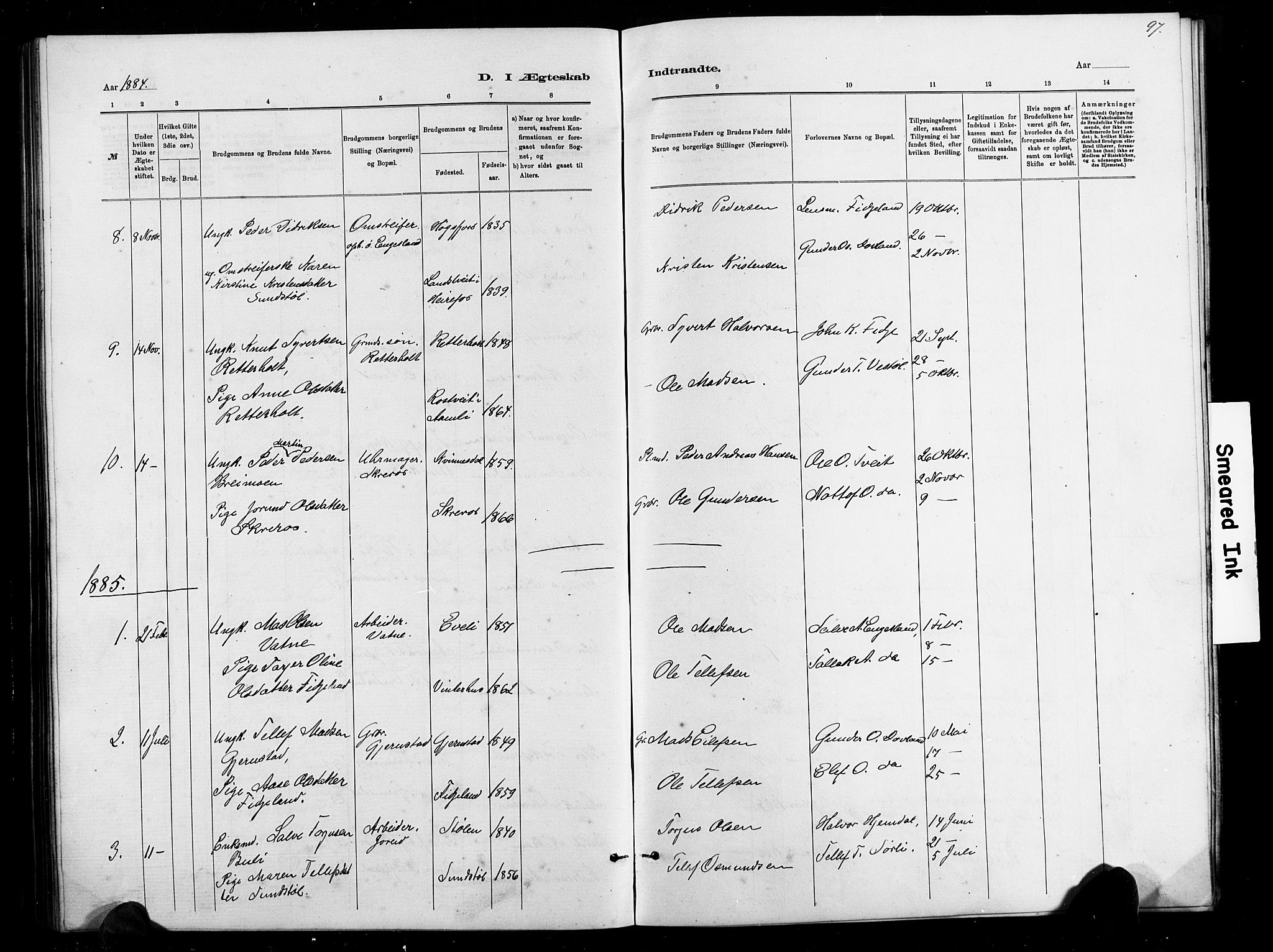 Herefoss sokneprestkontor, SAK/1111-0019/F/Fb/Fbb/L0002: Parish register (copy) no. B 2, 1879-1894, p. 97