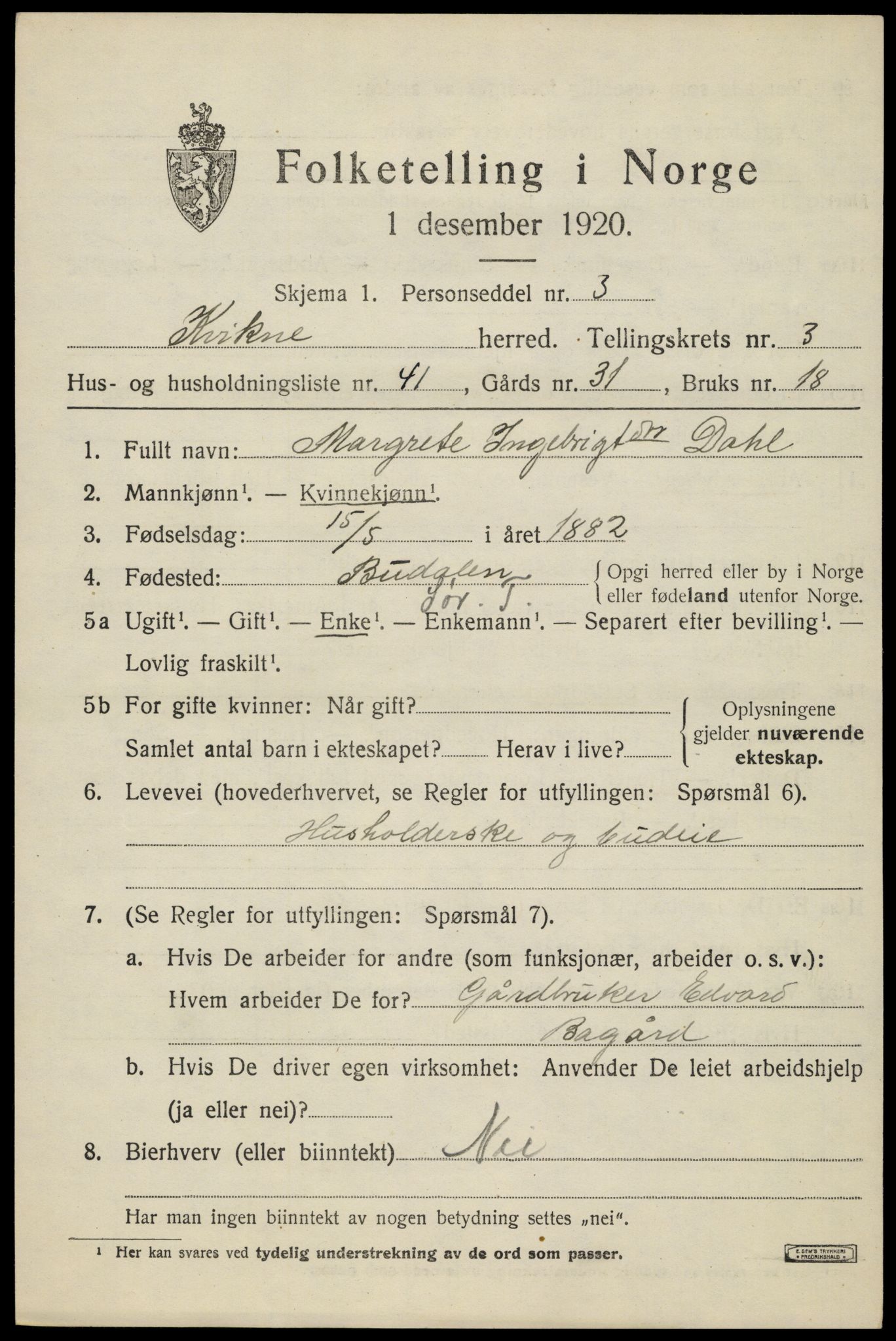 SAH, 1920 census for Kvikne, 1920, p. 1590