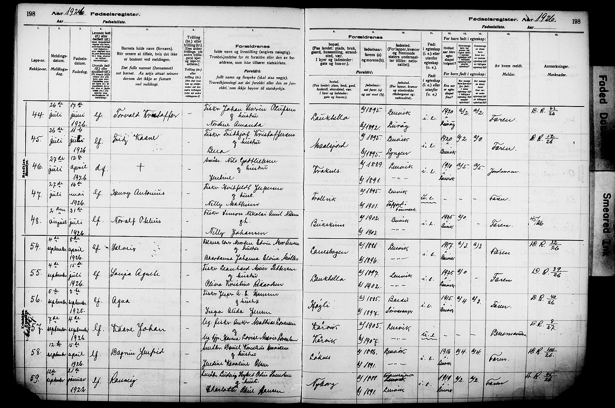 Lenvik sokneprestembete, AV/SATØ-S-1310/I/Ic/L0089: Birth register no. 89, 1916-1926, p. 198