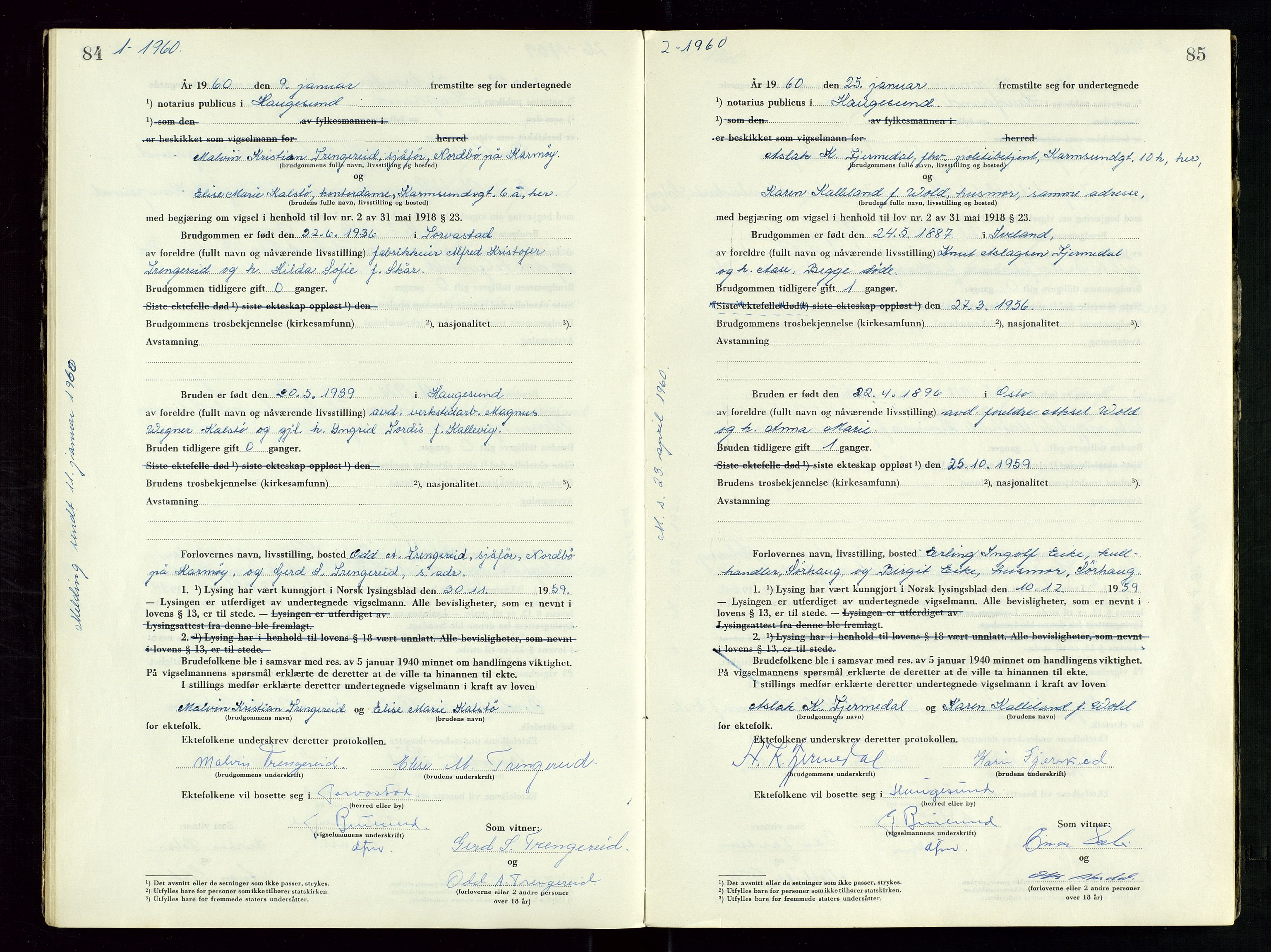 Haugesund tingrett, SAST/A-101415/01/III/IIID/L0007: Vigselbok, 1956-1964, p. 84-85