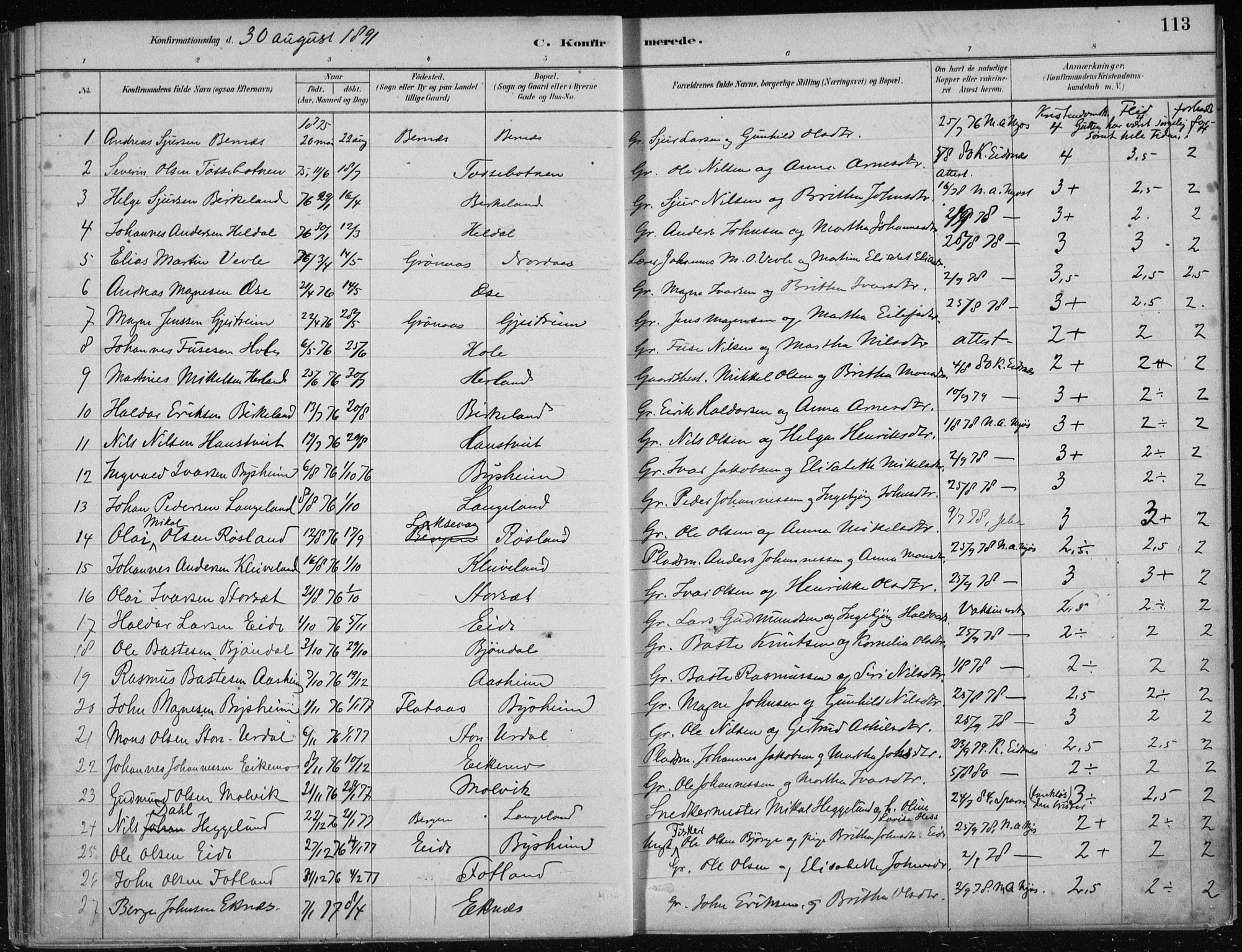 Hosanger sokneprestembete, AV/SAB-A-75801/H/Haa: Parish register (official) no. B  1, 1880-1896, p. 113