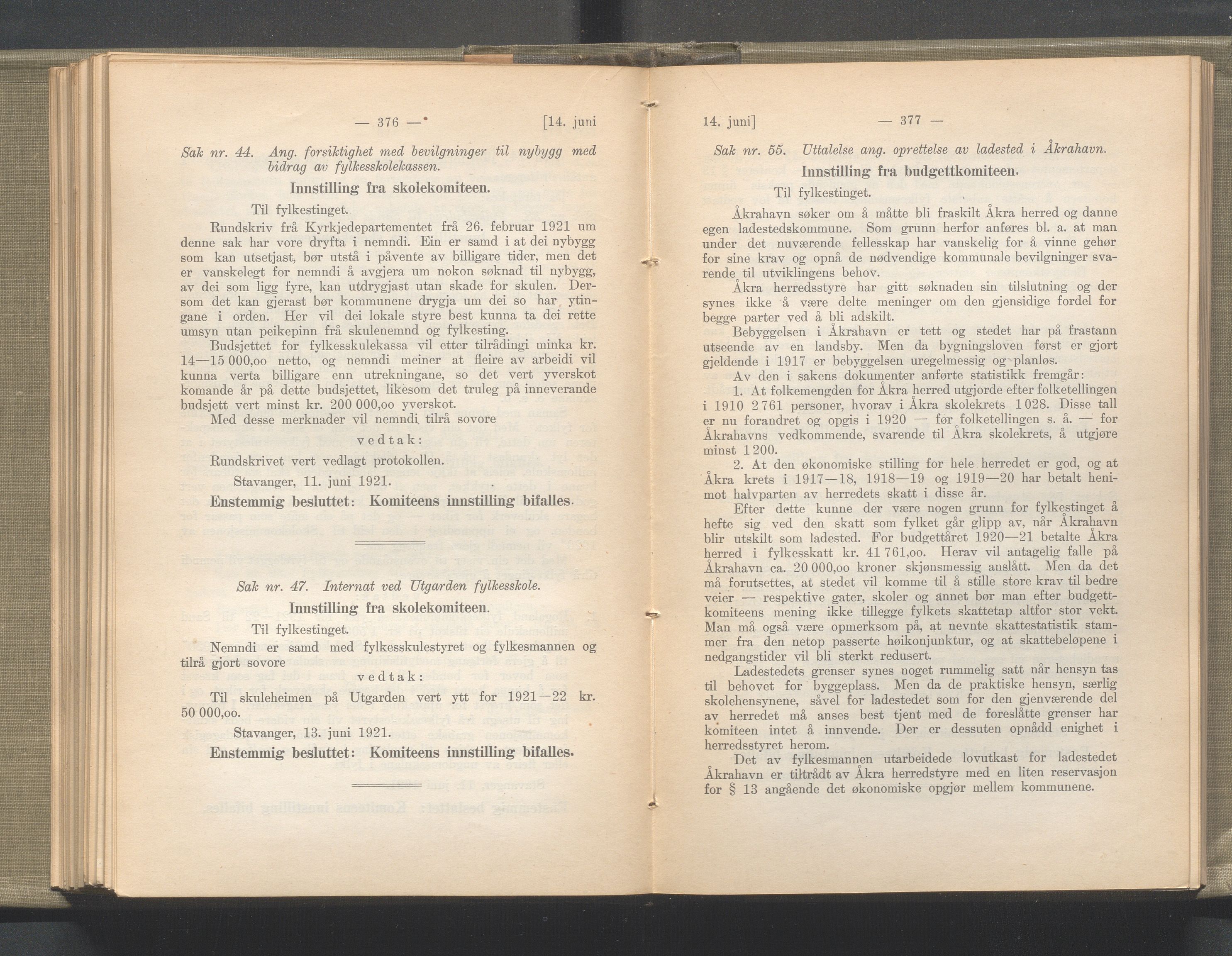 Rogaland fylkeskommune - Fylkesrådmannen , IKAR/A-900/A/Aa/Aaa/L0040: Møtebok , 1921, p. 376-377