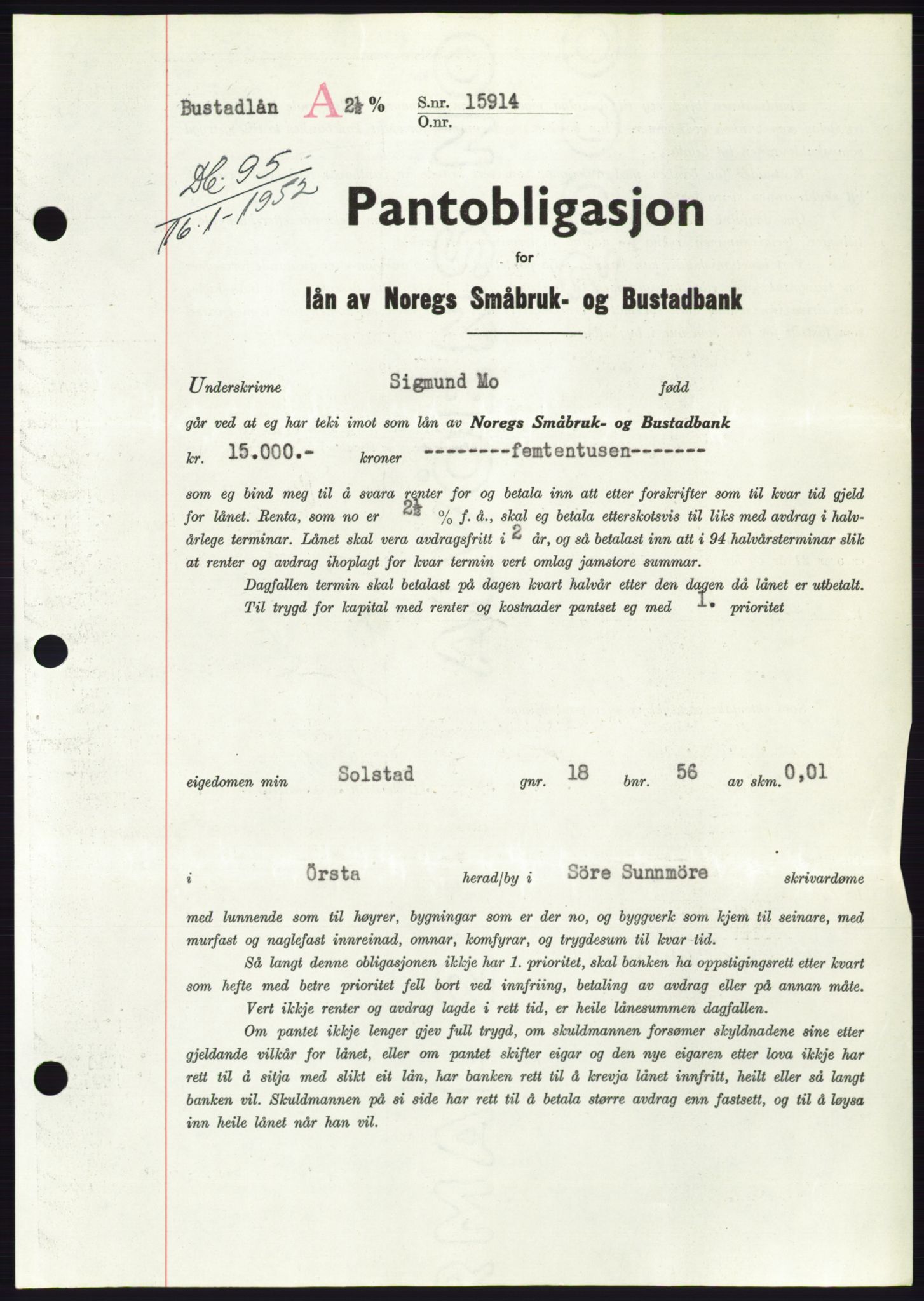 Søre Sunnmøre sorenskriveri, AV/SAT-A-4122/1/2/2C/L0121: Mortgage book no. 9B, 1951-1952, Diary no: : 95/1952