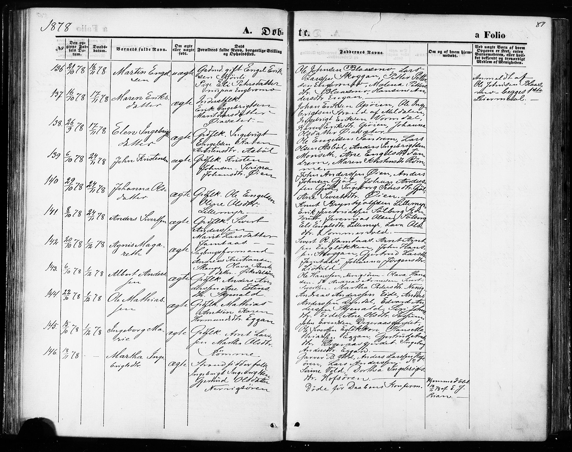 Ministerialprotokoller, klokkerbøker og fødselsregistre - Sør-Trøndelag, AV/SAT-A-1456/668/L0807: Parish register (official) no. 668A07, 1870-1880, p. 87