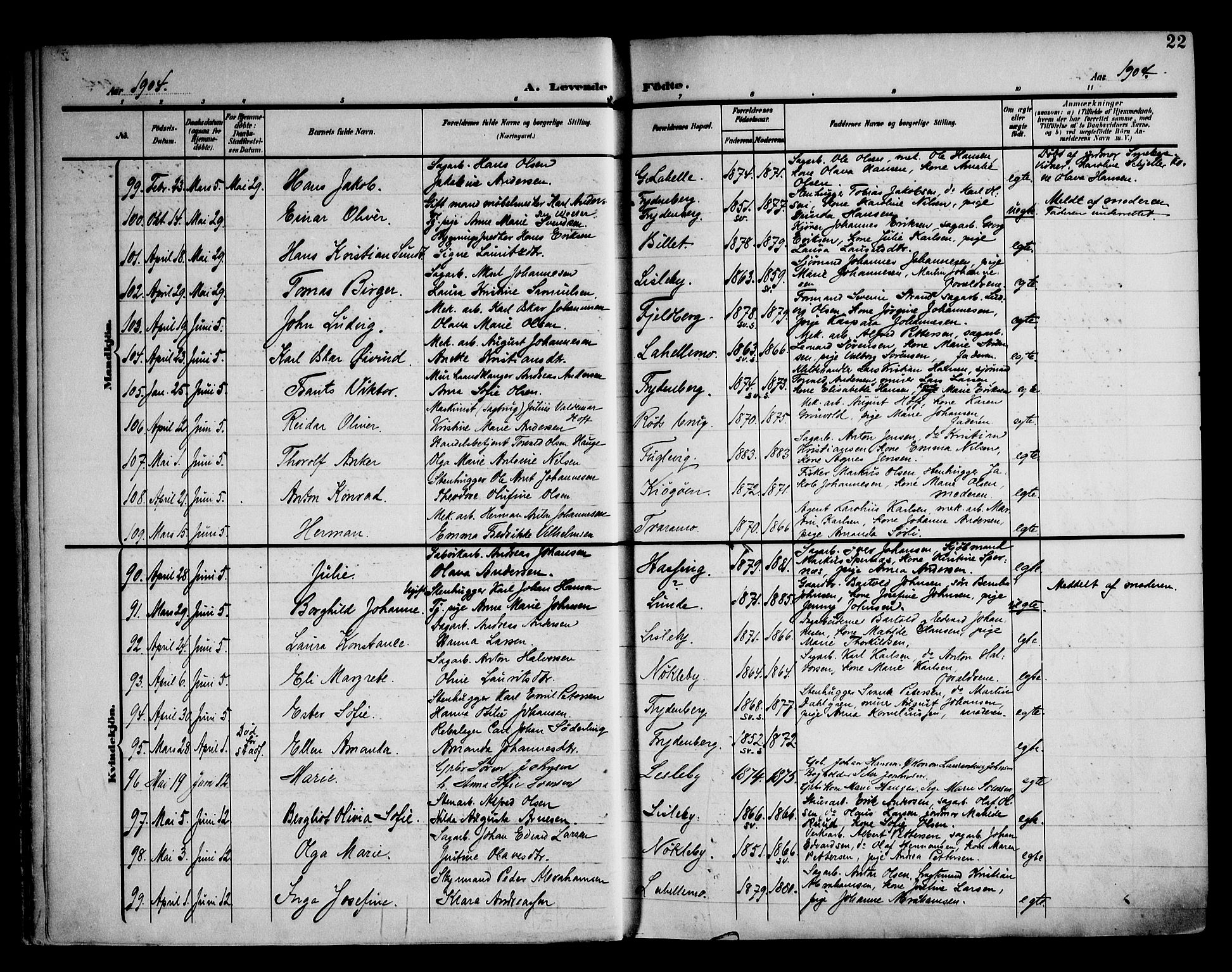 Glemmen prestekontor Kirkebøker, AV/SAO-A-10908/F/Fa/L0014: Parish register (official) no. 14, 1902-1922, p. 22