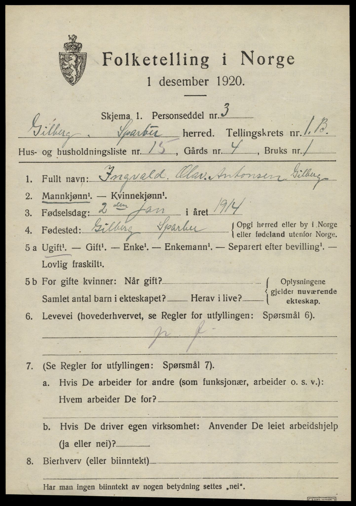 SAT, 1920 census for Sparbu, 1920, p. 2139