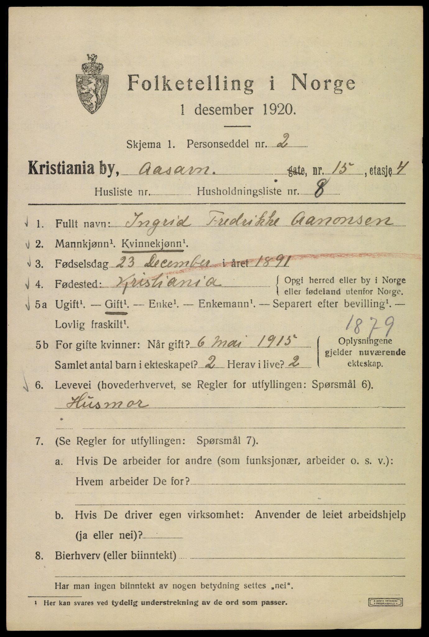 SAO, 1920 census for Kristiania, 1920, p. 136695