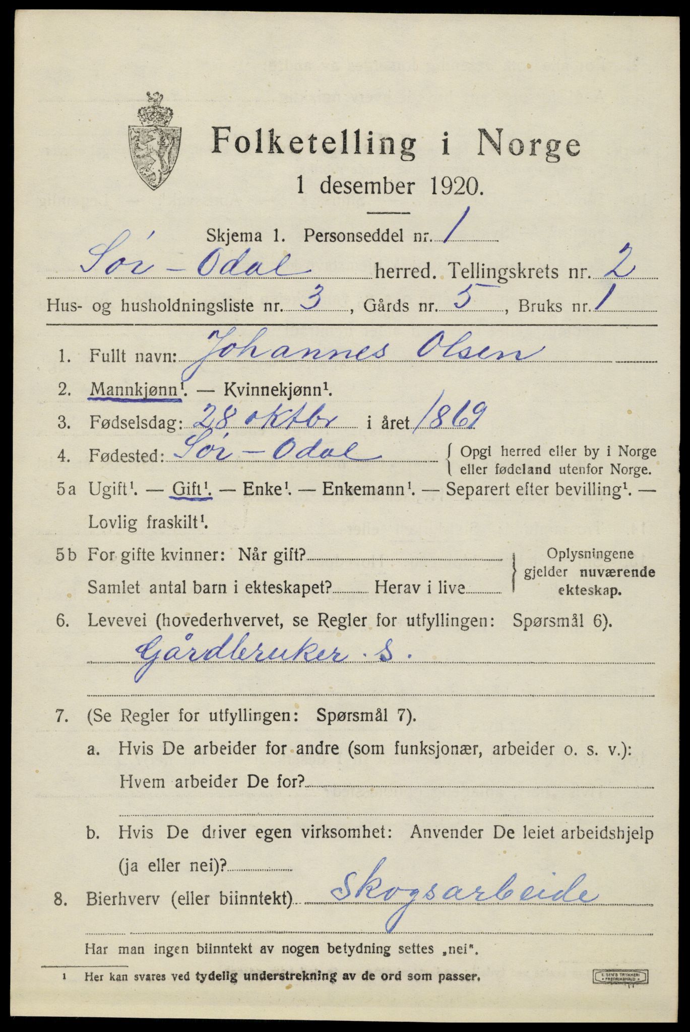 SAH, 1920 census for Sør-Odal, 1920, p. 3003