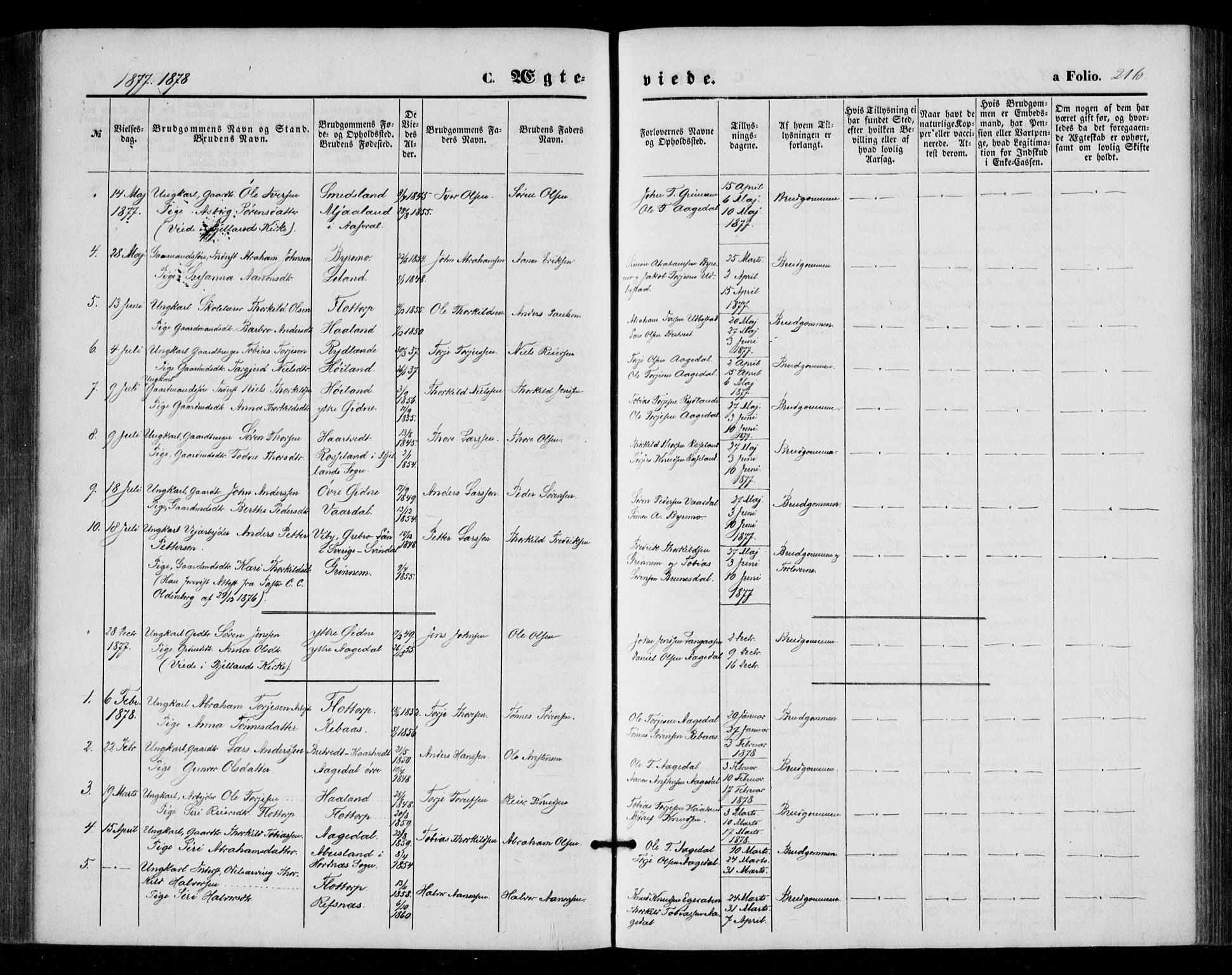 Bjelland sokneprestkontor, SAK/1111-0005/F/Fa/Fac/L0002: Parish register (official) no. A 2, 1866-1887, p. 216