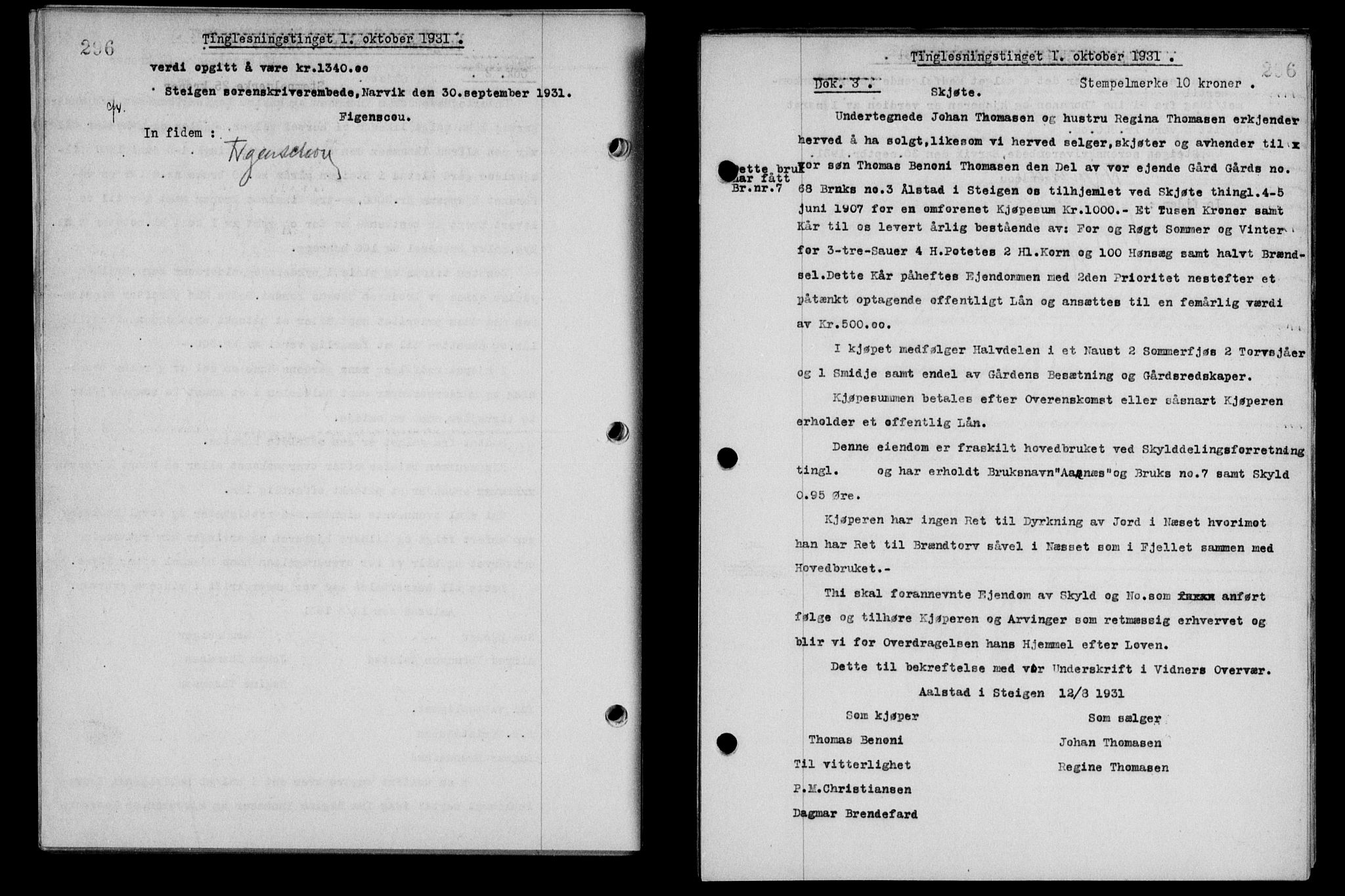 Steigen og Ofoten sorenskriveri, AV/SAT-A-0030/1/2/2C/L0019: Mortgage book no. 22, 1931-1931, Deed date: 01.10.1931