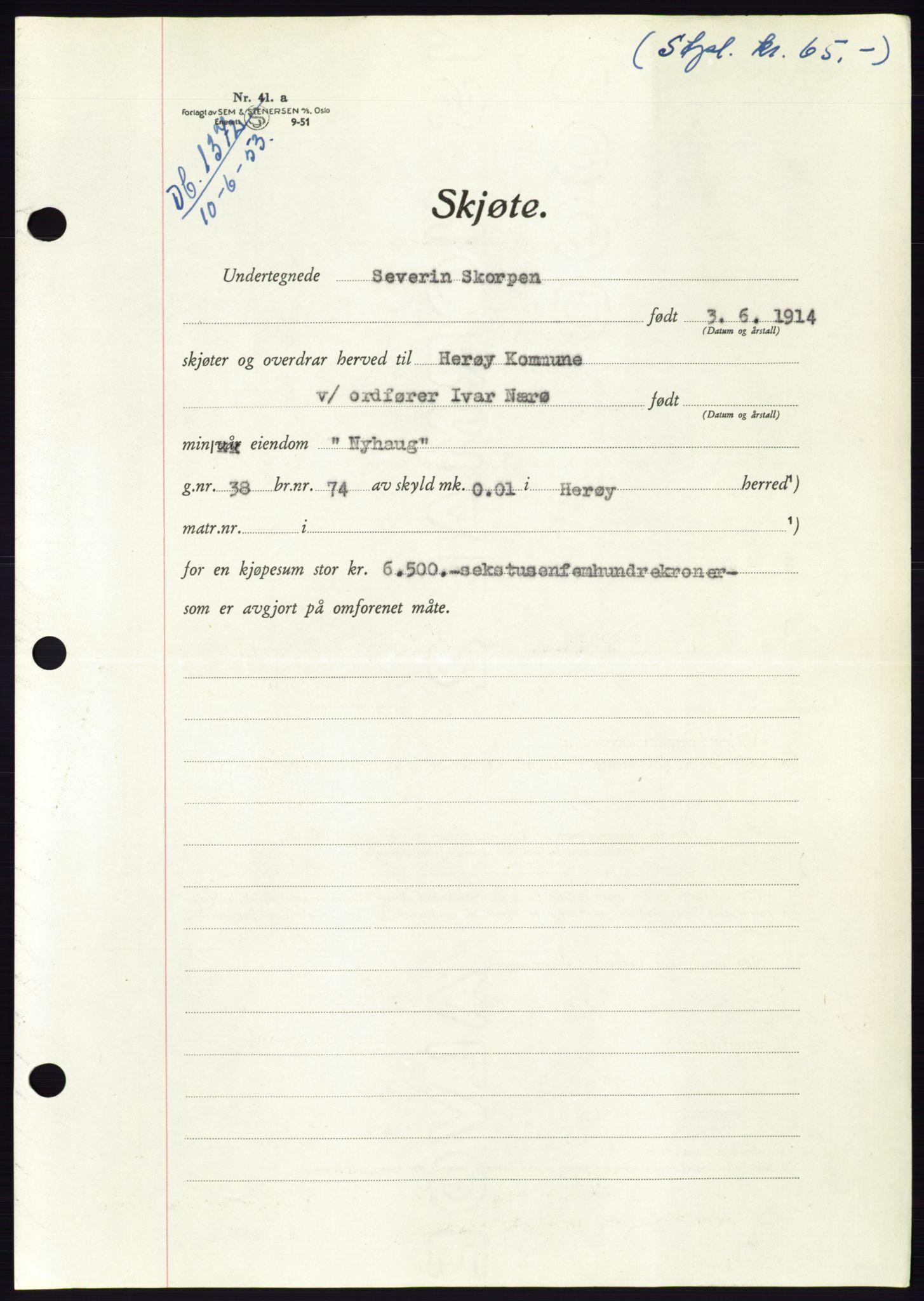 Søre Sunnmøre sorenskriveri, AV/SAT-A-4122/1/2/2C/L0095: Mortgage book no. 21A, 1953-1953, Diary no: : 1372/1953