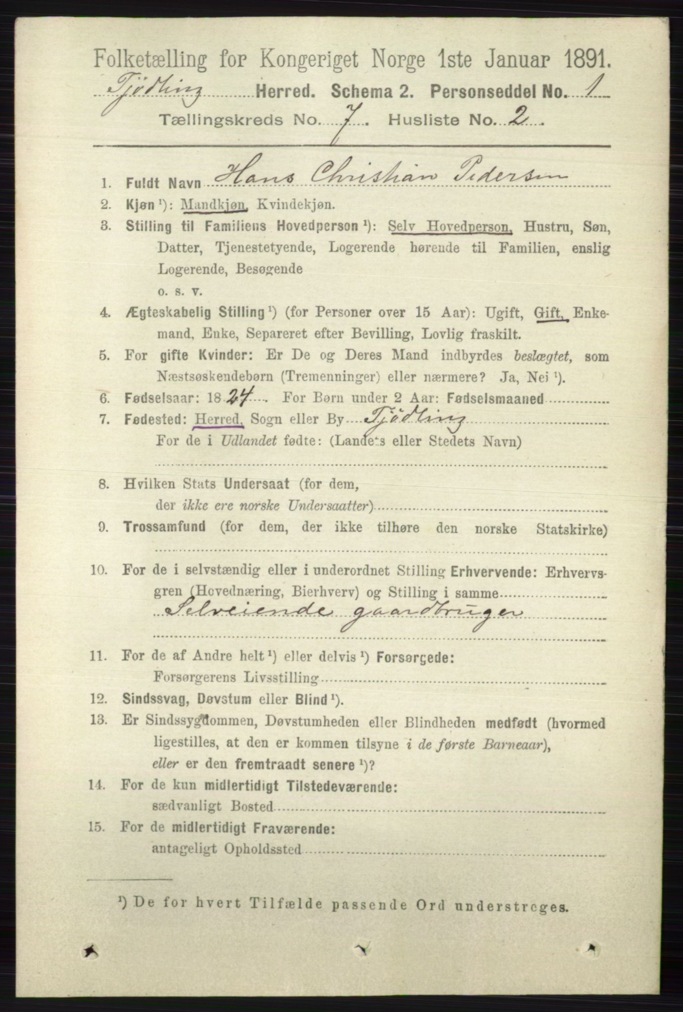 RA, 1891 census for 0725 Tjølling, 1891, p. 3674