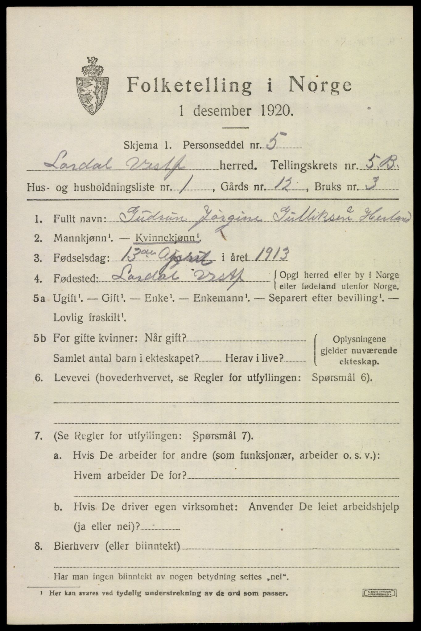 SAKO, 1920 census for Lardal, 1920, p. 5237