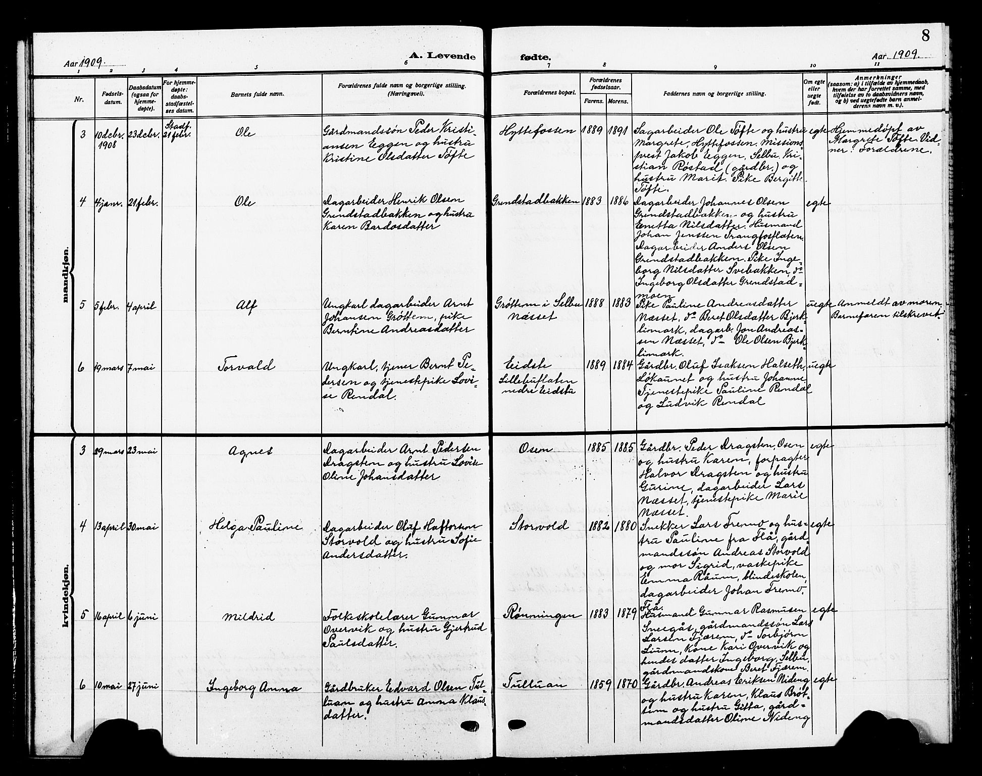 Ministerialprotokoller, klokkerbøker og fødselsregistre - Sør-Trøndelag, SAT/A-1456/618/L0453: Parish register (copy) no. 618C04, 1907-1925, p. 8