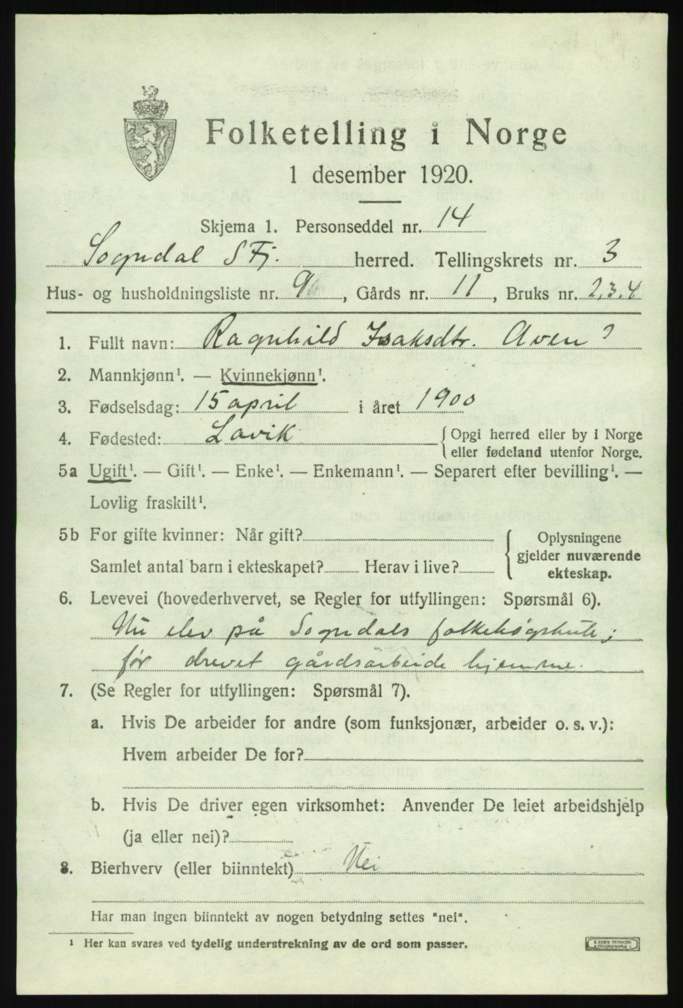 SAB, 1920 census for Sogndal, 1920, p. 2227