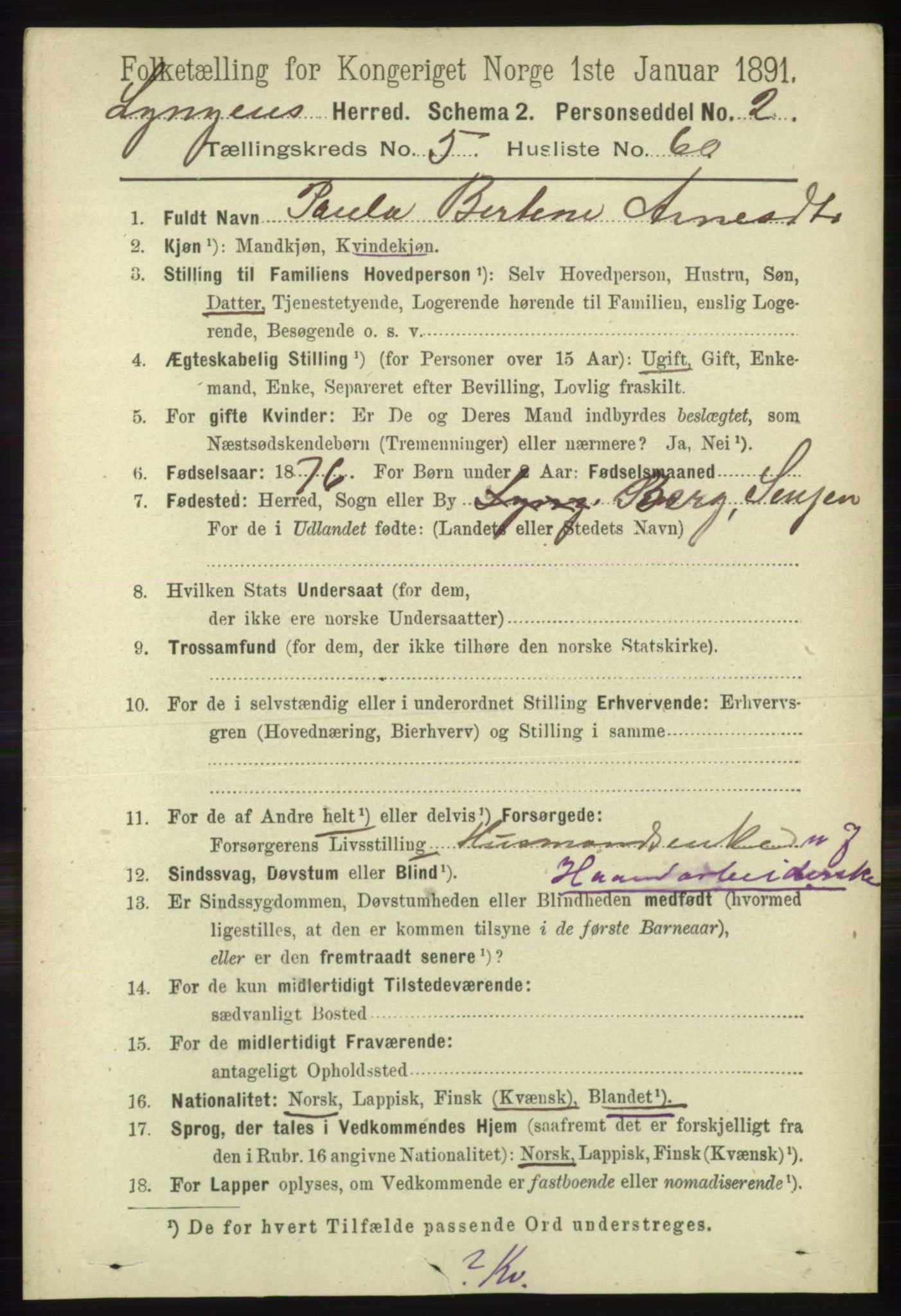 RA, 1891 census for 1938 Lyngen, 1891, p. 4827