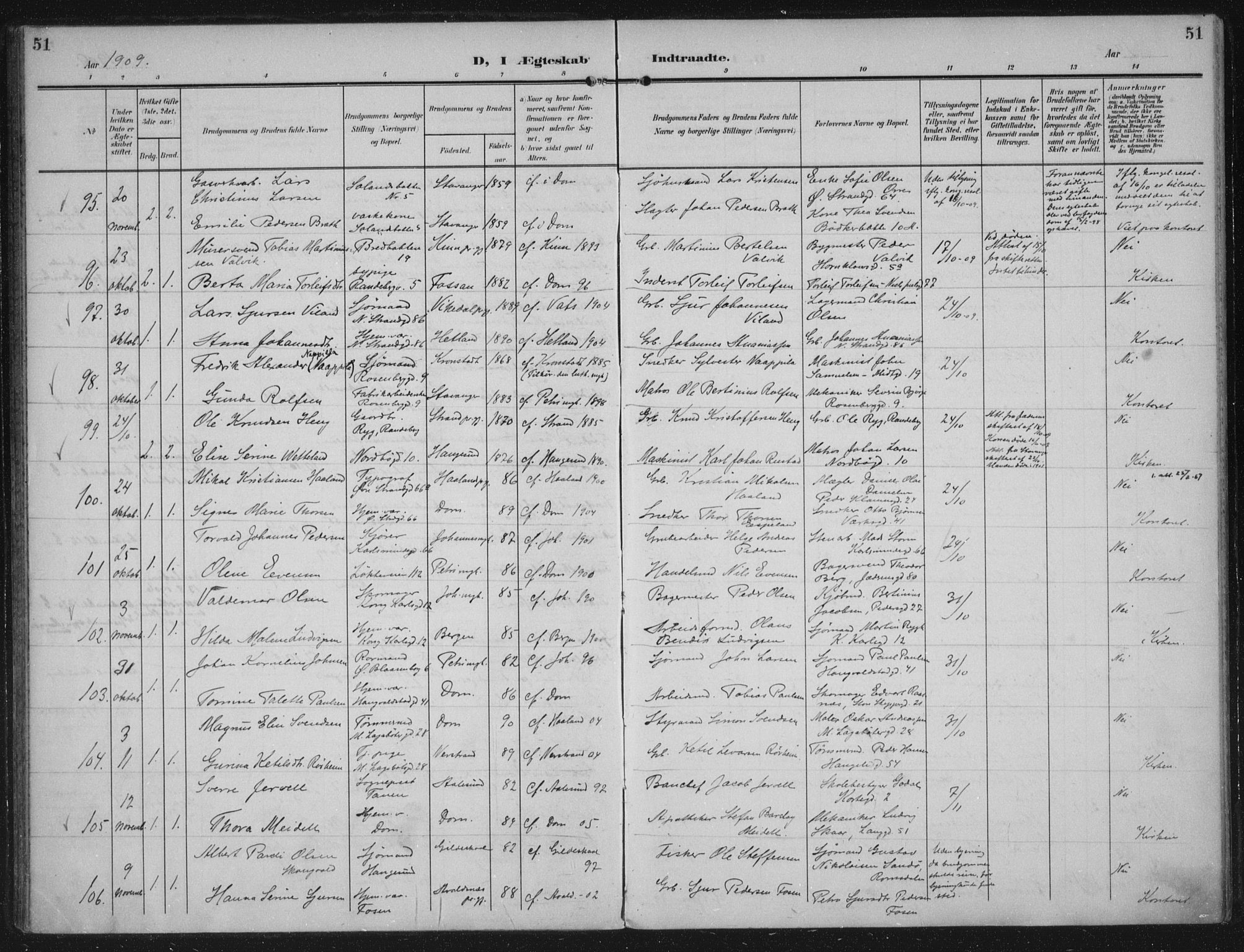 Domkirken sokneprestkontor, SAST/A-101812/002/A/L0016: Parish register (official) no. A 33, 1905-1922, p. 51