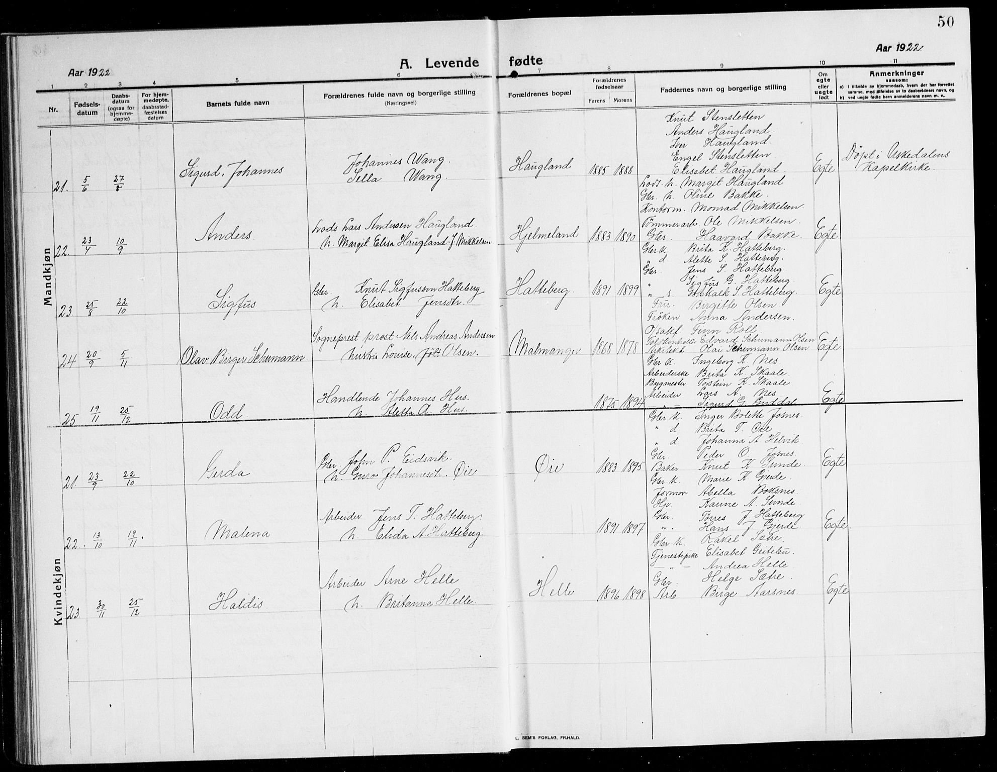 Kvinnherad sokneprestembete, AV/SAB-A-76401/H/Hab: Parish register (copy) no. A 3, 1911-1945, p. 50
