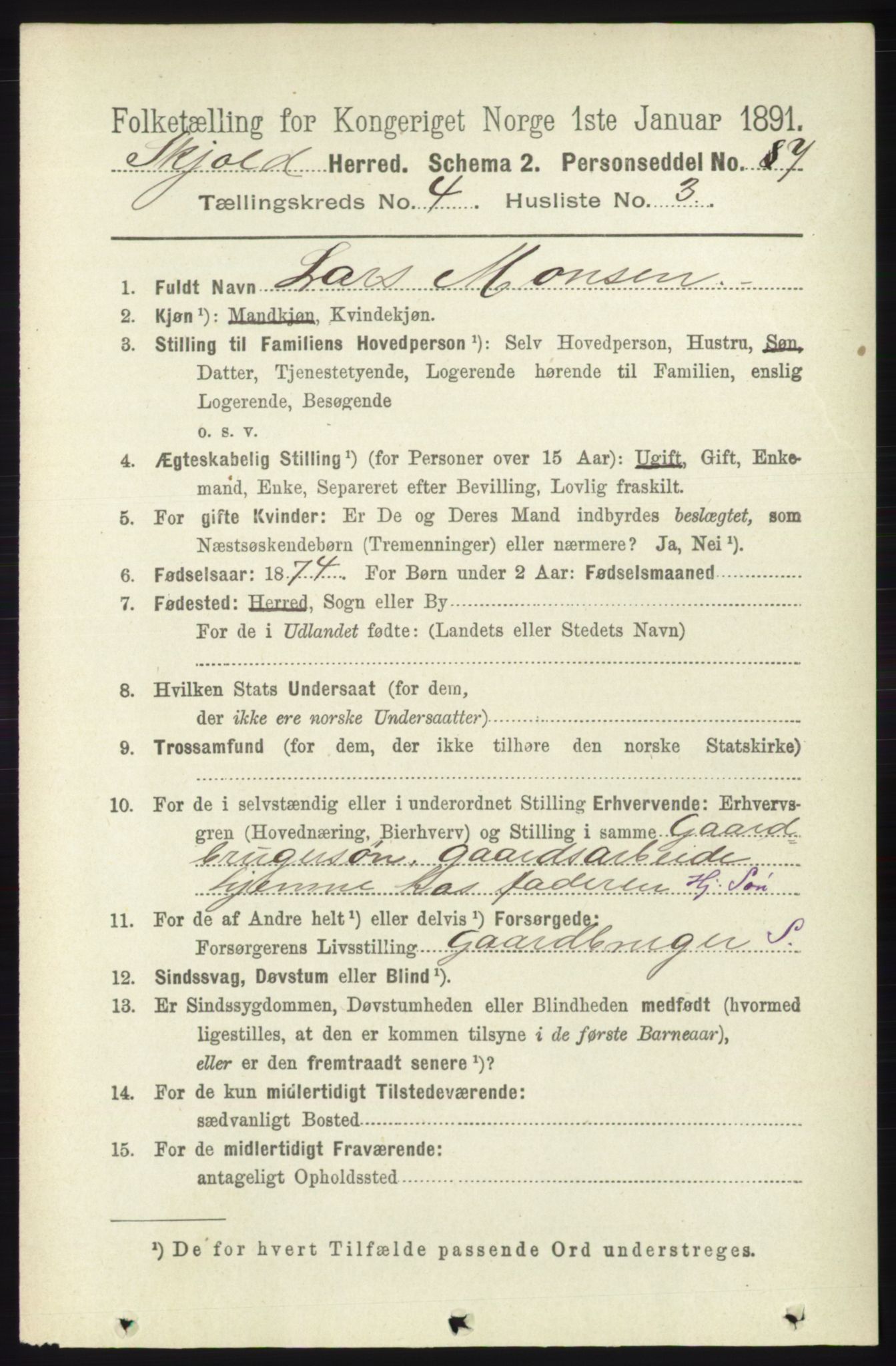 RA, 1891 census for 1154 Skjold, 1891, p. 565