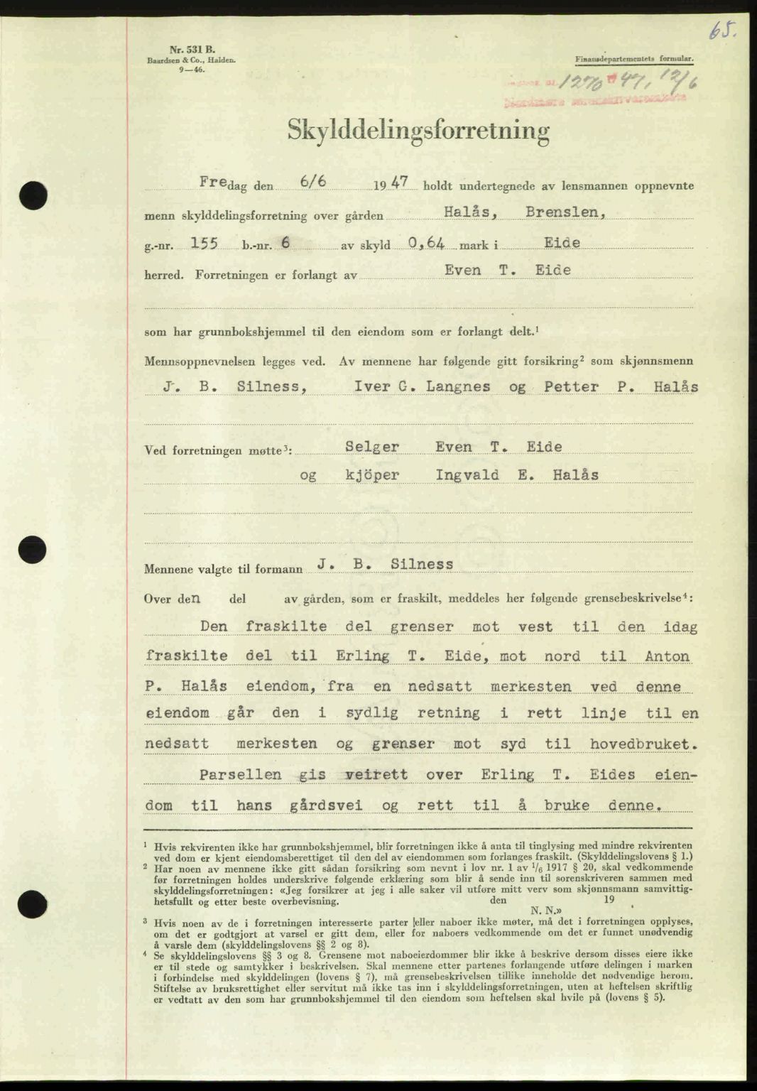 Nordmøre sorenskriveri, AV/SAT-A-4132/1/2/2Ca: Mortgage book no. A105, 1947-1947, Diary no: : 1270/1947