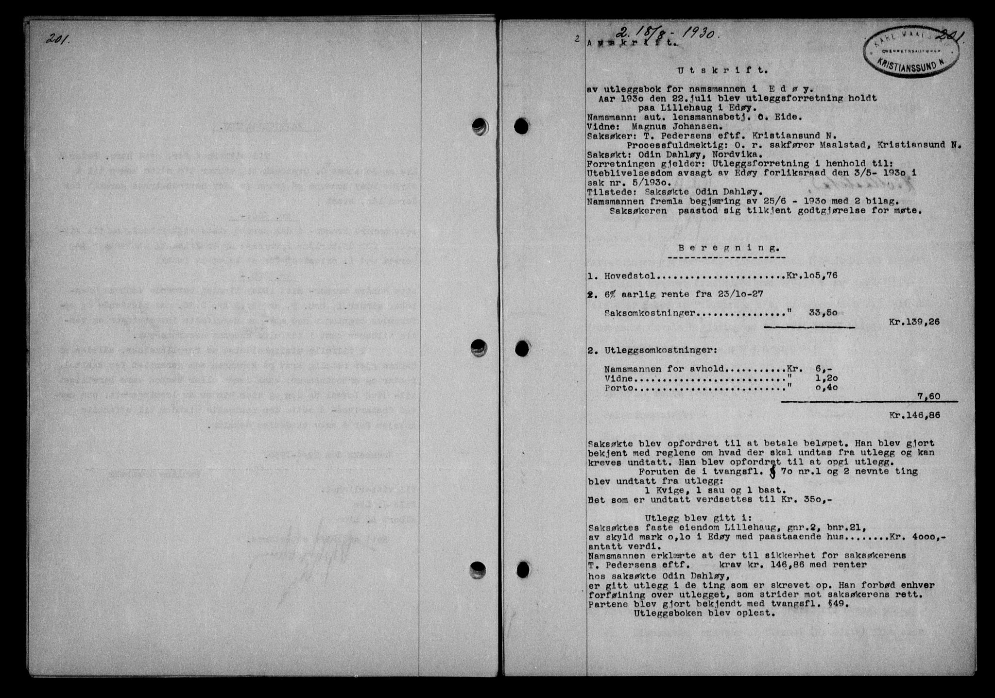 Nordmøre sorenskriveri, AV/SAT-A-4132/1/2/2Ca/L0070: Mortgage book no. 60, 1930-1930, Deed date: 18.08.1930