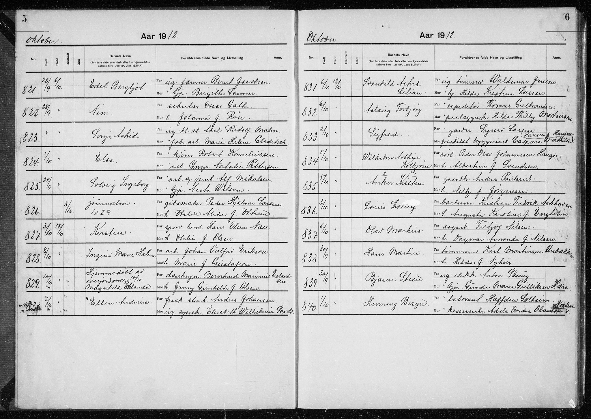 Rikshospitalet prestekontor Kirkebøker, AV/SAO-A-10309b/K/L0007/0002: Baptism register no. 7.2, 1912-1914, p. 5-6