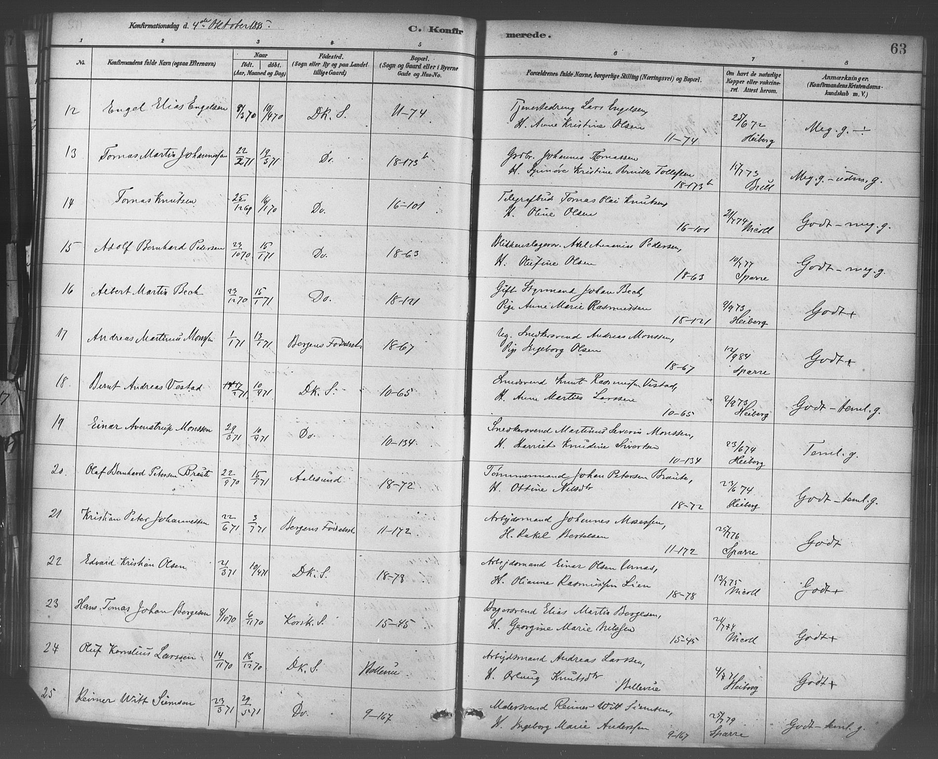 Domkirken sokneprestembete, AV/SAB-A-74801/H/Haa/L0030: Parish register (official) no. C 5, 1880-1898, p. 63