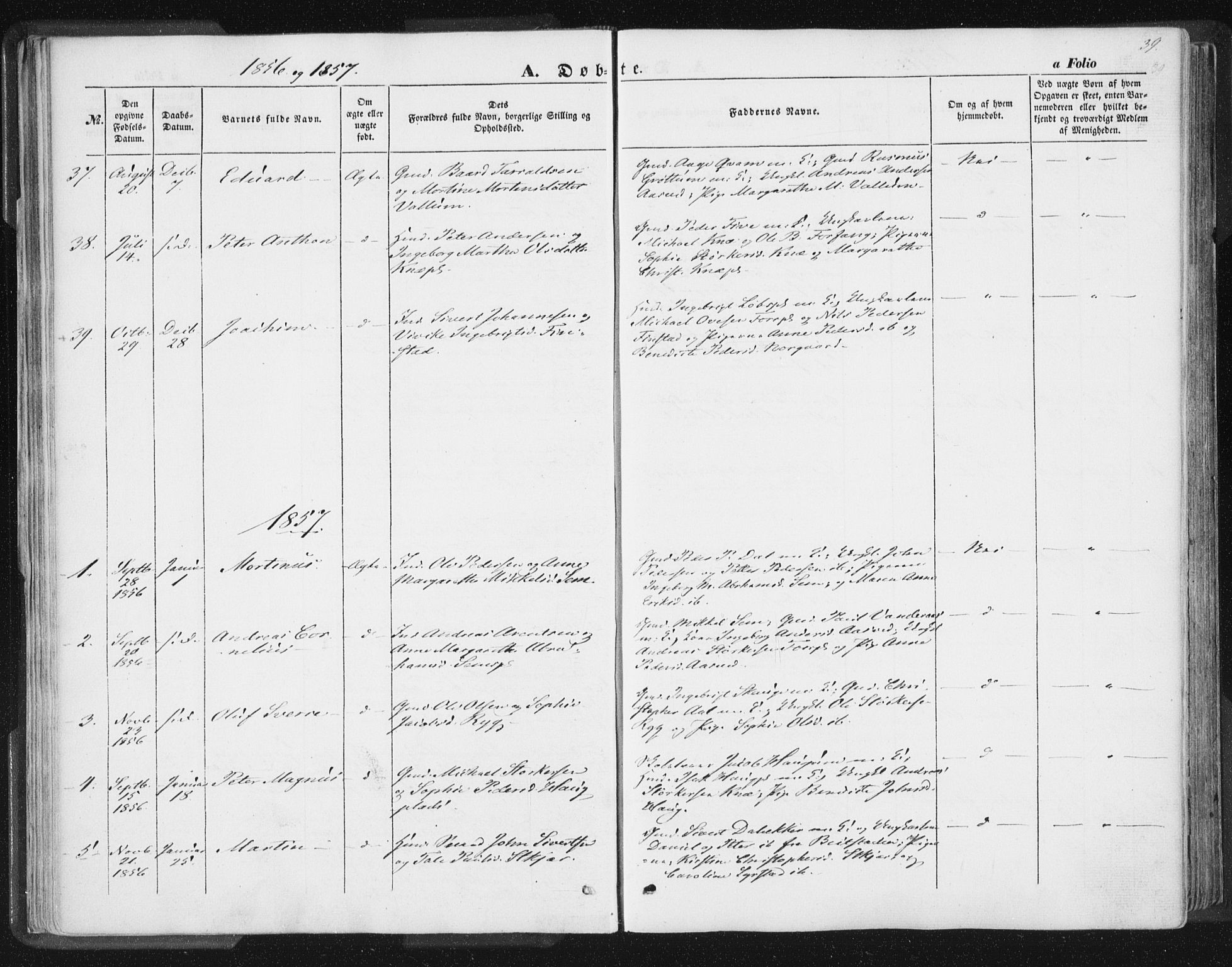 Ministerialprotokoller, klokkerbøker og fødselsregistre - Nord-Trøndelag, SAT/A-1458/746/L0446: Parish register (official) no. 746A05, 1846-1859, p. 39