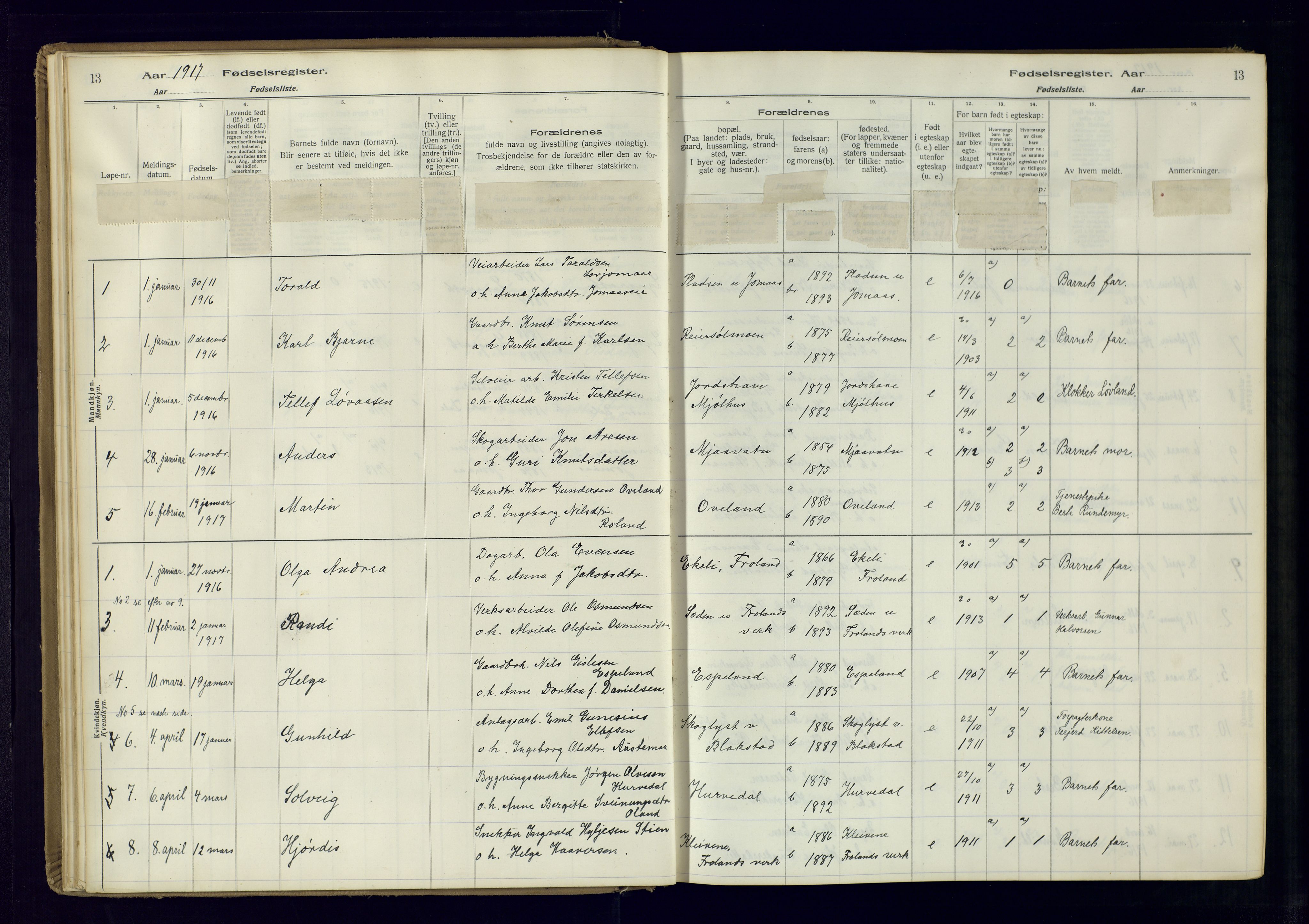 Froland sokneprestkontor, AV/SAK-1111-0013/J/Ja/L0001: Birth register no. 1, 1916-1950, p. 13