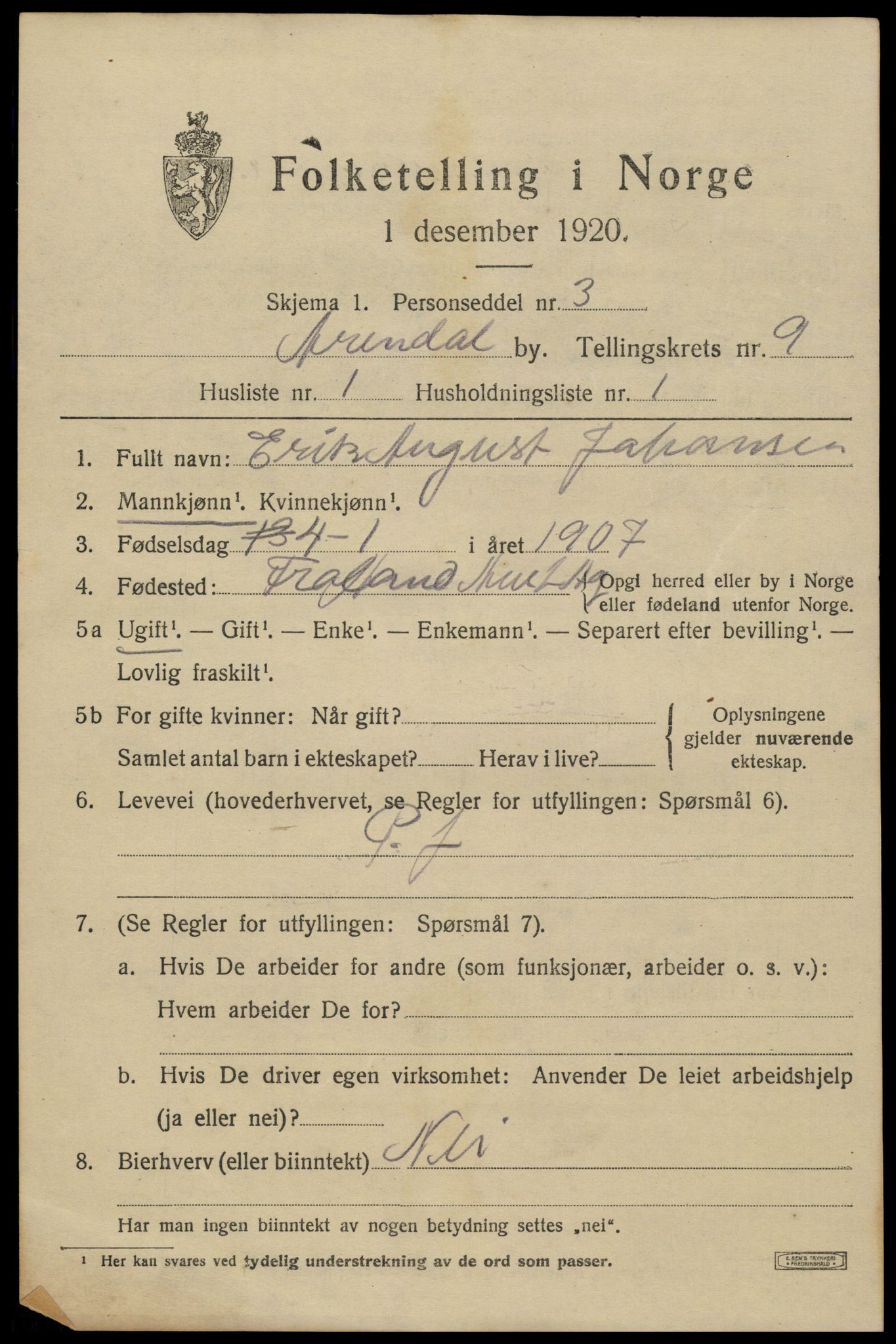 SAK, 1920 census for Arendal, 1920, p. 16102