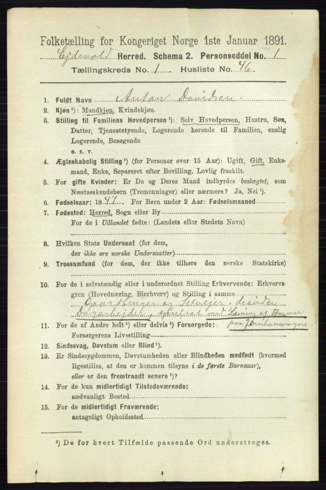 RA, 1891 census for 0237 Eidsvoll, 1891, p. 498